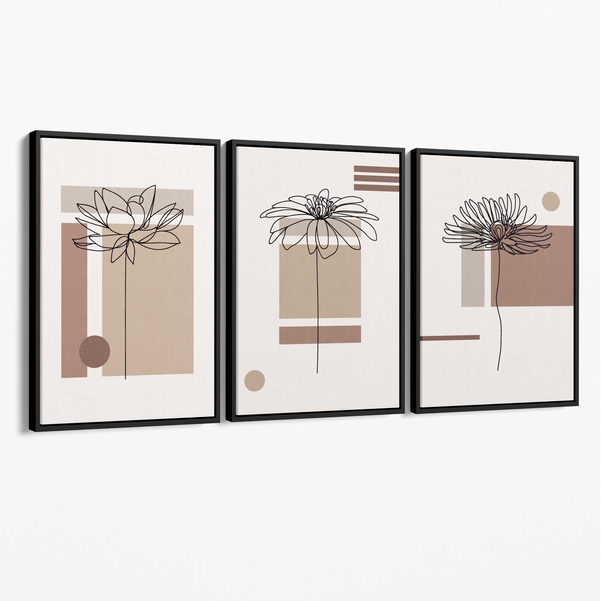Set of 3 Sketch Flowers with Beige Shades Geometric  Canvas Art Prints with Black Float Frame