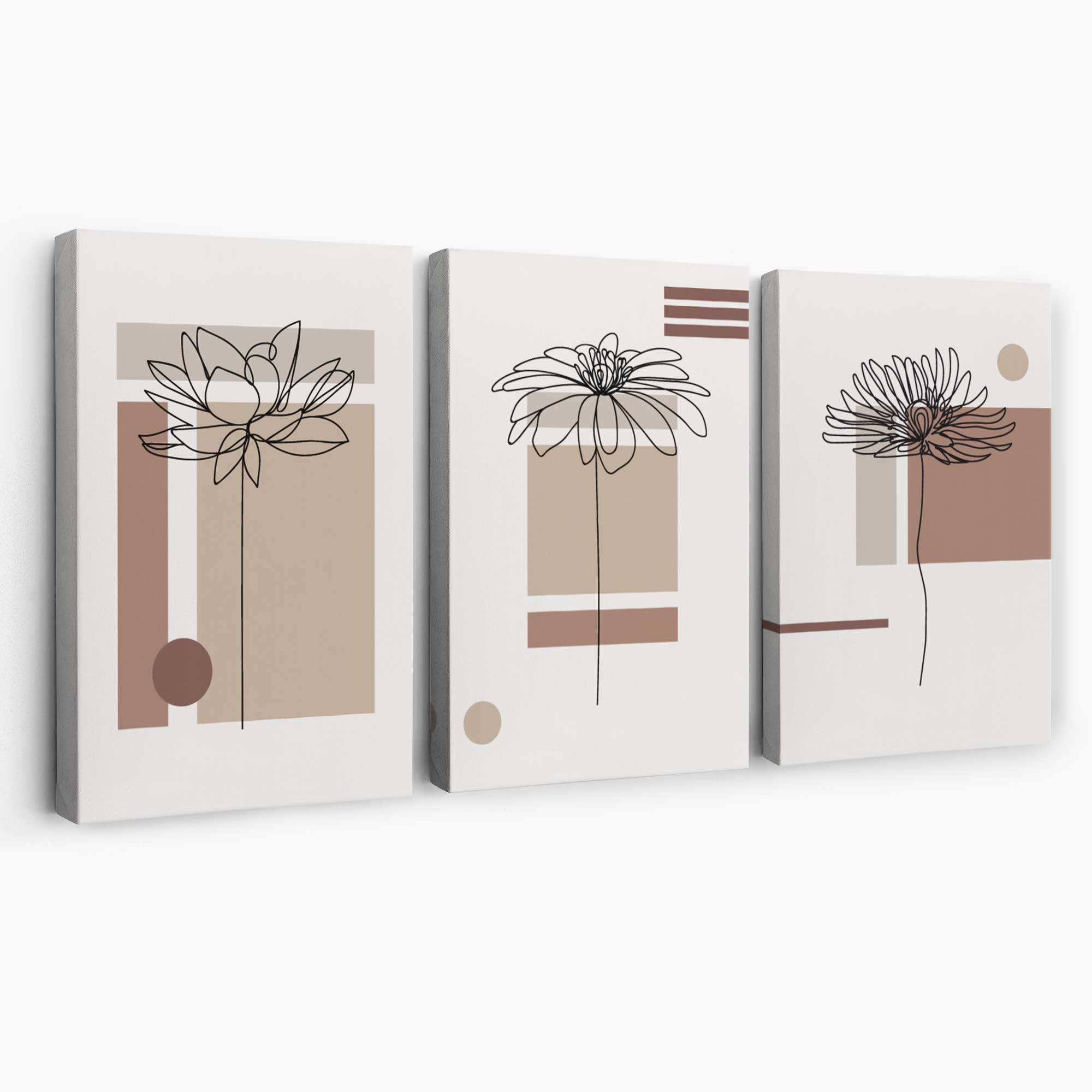 Set of 3 Sketch Flowers with Beige Shades Geometric  Canvas Art Prints | Artze Wall Art