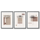 Set of 3 Sketch Flowers with Beige Shades Geometric  Framed Art Prints with Dark Grey Wooden Frames
