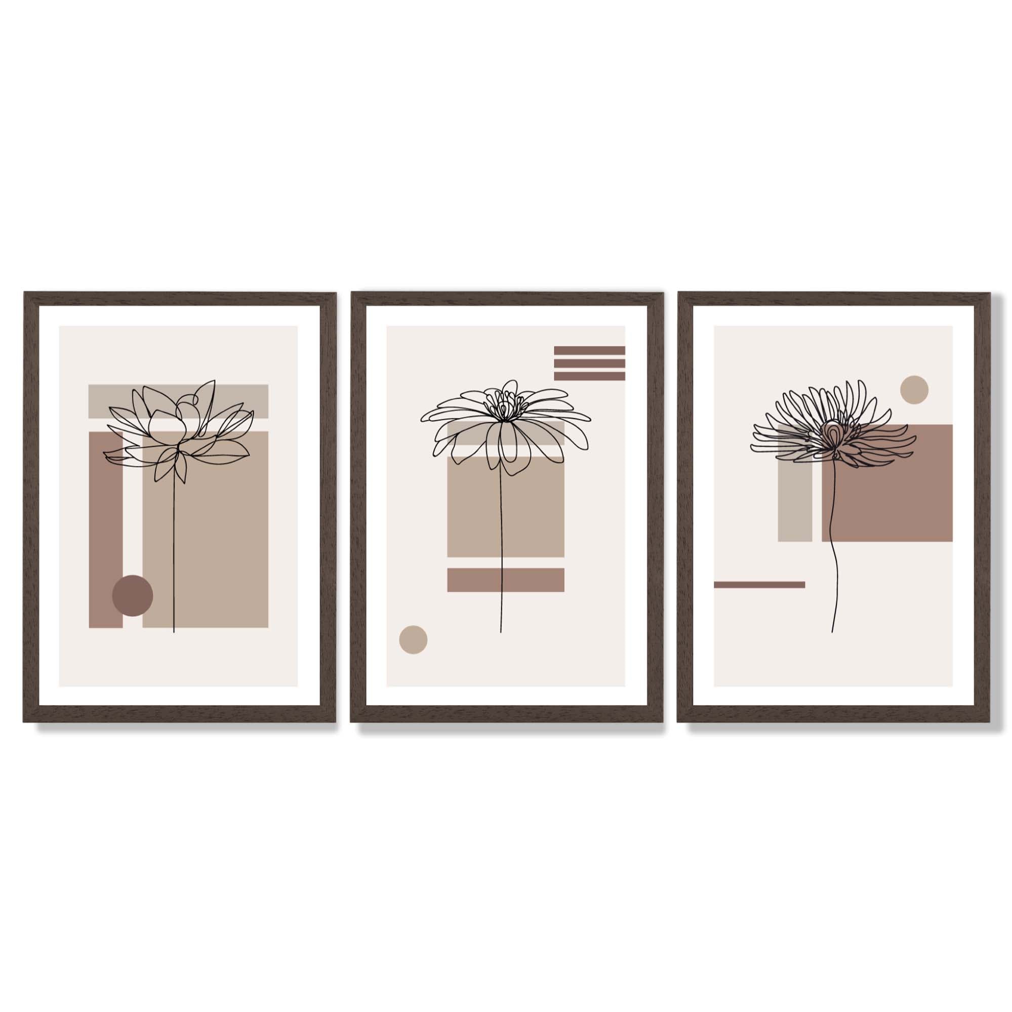 Set of 3 Sketch Flowers with Beige Shades Geometric  Framed Art Prints with Dark Wood Frames