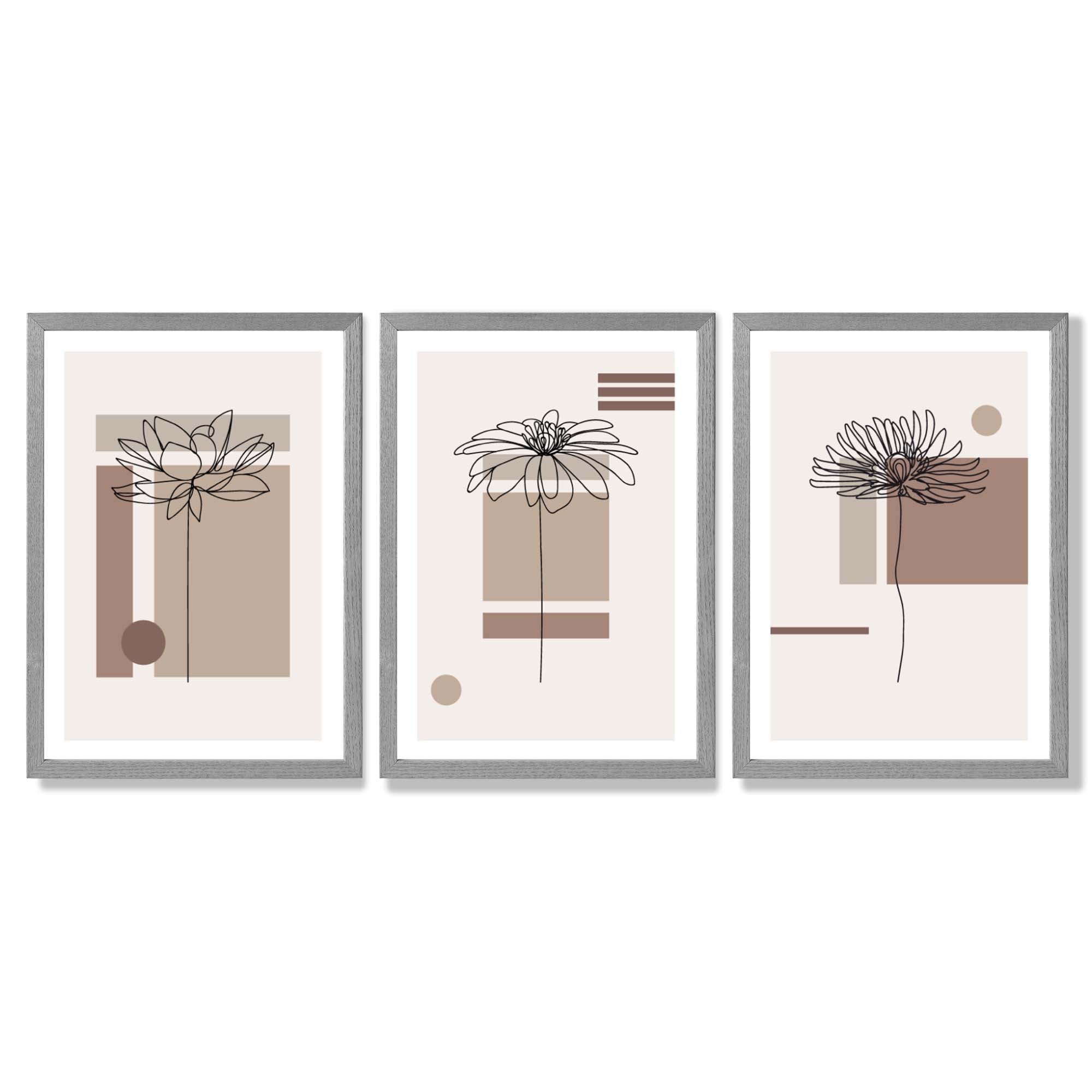 Set of 3 Sketch Flowers with Beige Shades Geometric  Framed Art Prints with Light Grey Wooden Frames