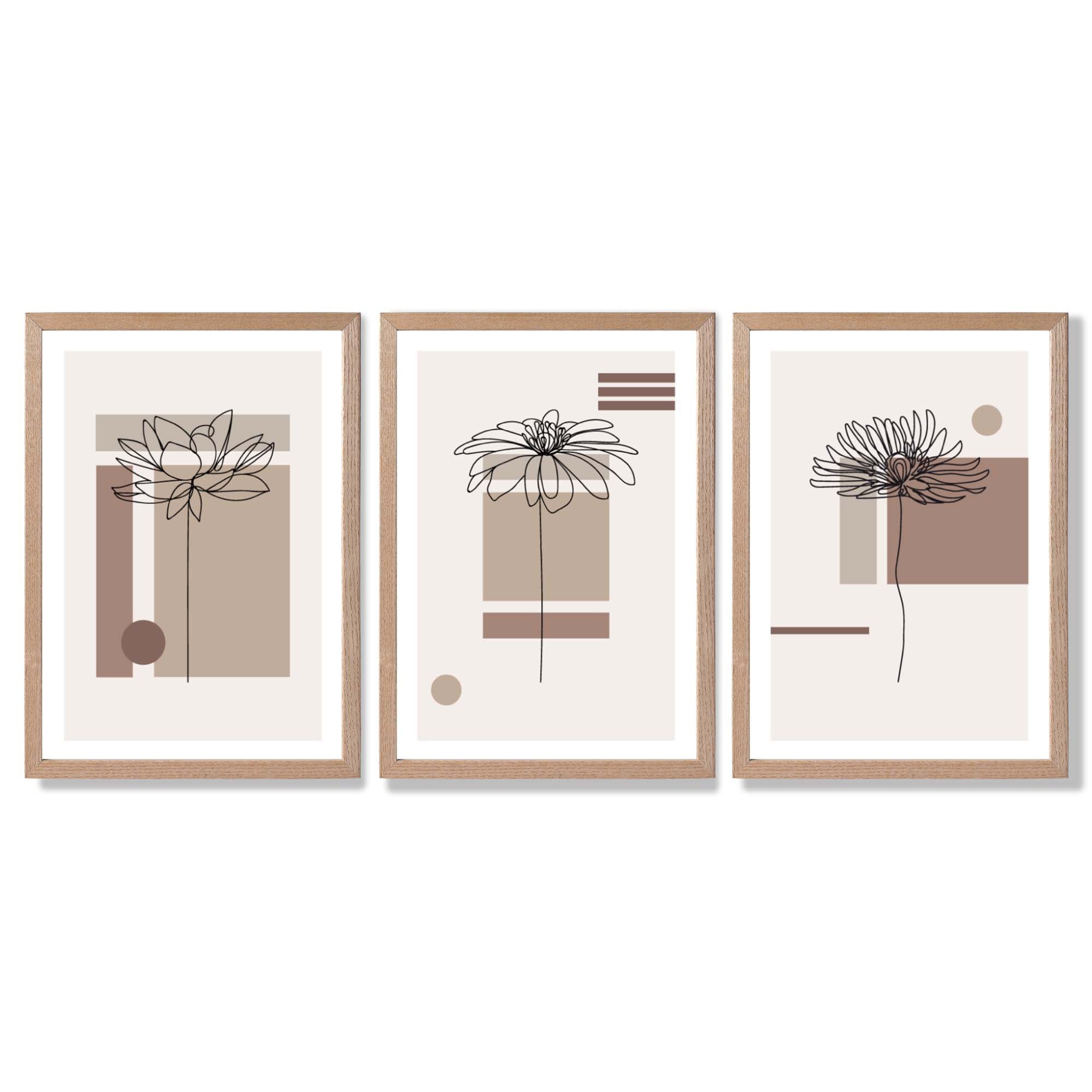 Set of 3 Sketch Flowers with Beige Shades Geometric  Framed Art Prints with Light Oak Frames