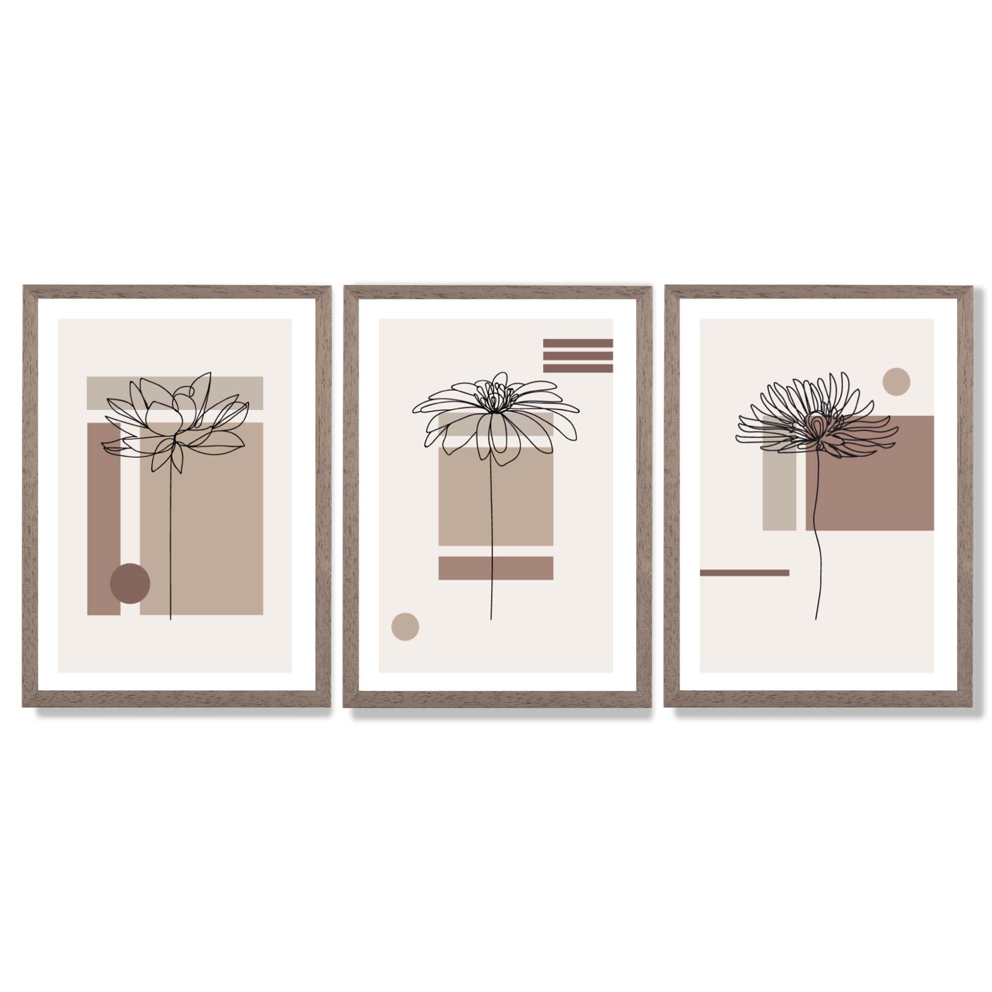 Set of 3 Sketch Flowers with Beige Shades Geometric  Framed Art Prints with Light Walnut Frames