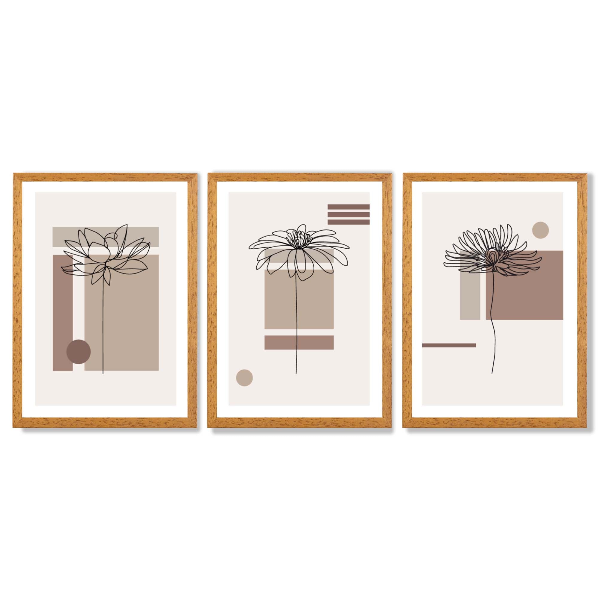 Set of 3 Sketch Flowers with Beige Shades Geometric  Framed Art Prints with Oak Wooden Frames
