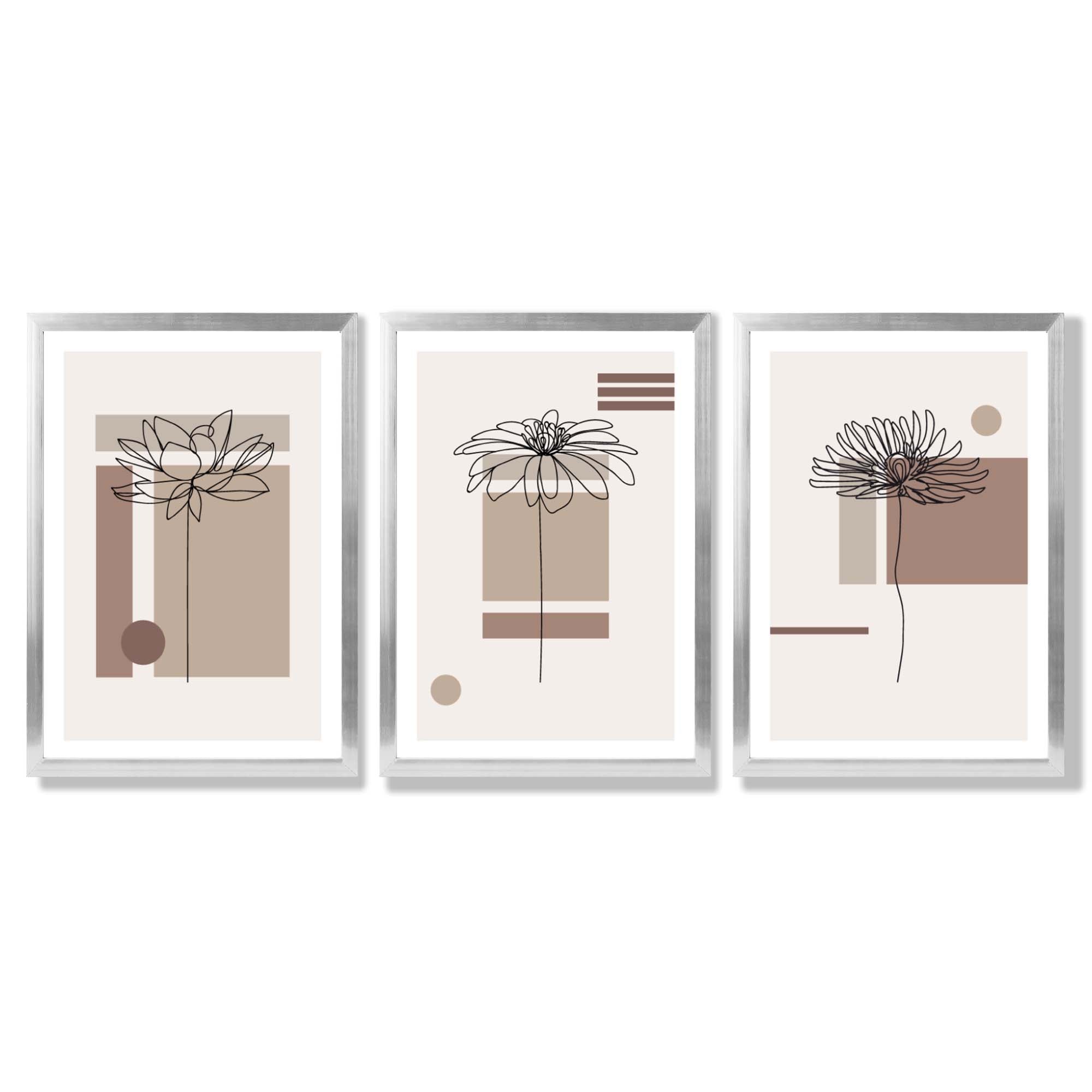 Set of 3 Sketch Flowers with Beige Shades Geometric  Framed Art Prints with Silver Wood Frames