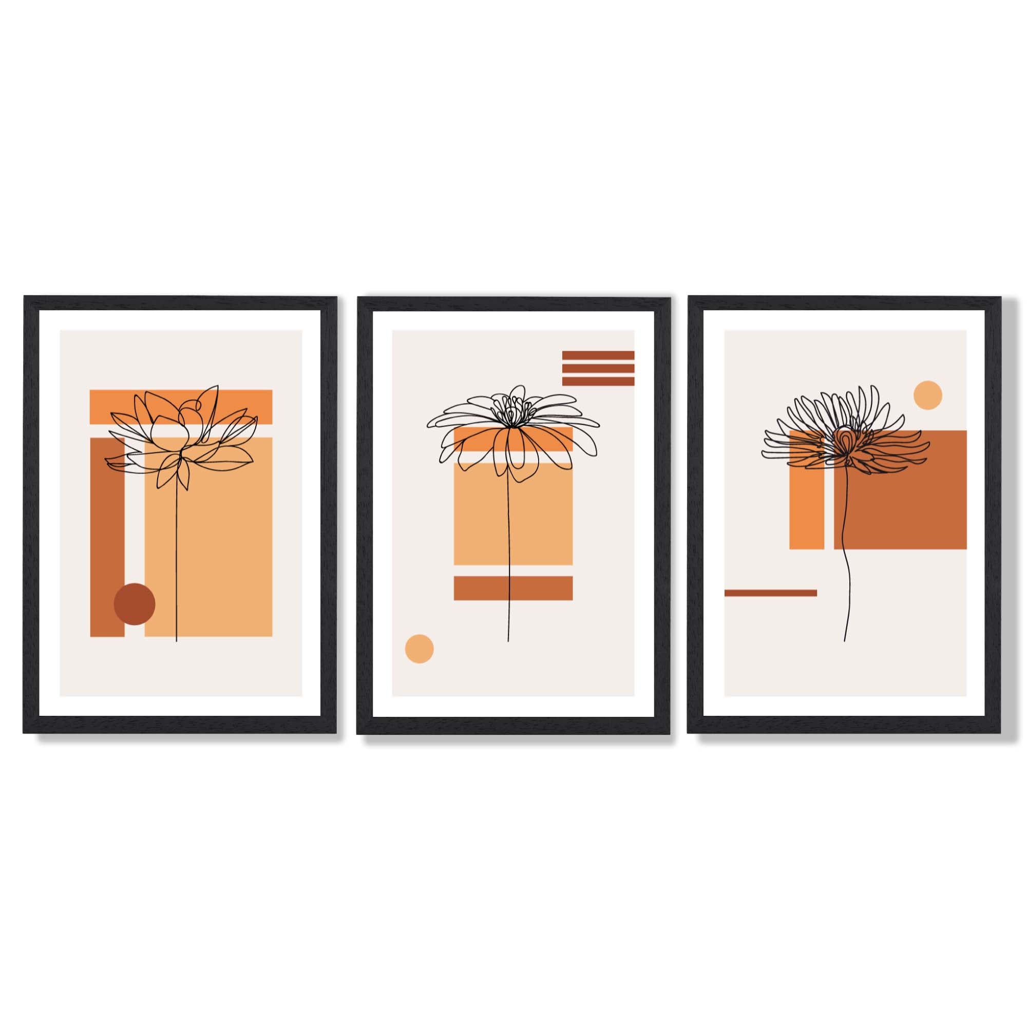 Set of 3 Sketch Flowers with Orange Shades Geometric  Framed Art Prints with Black Wooden Frames