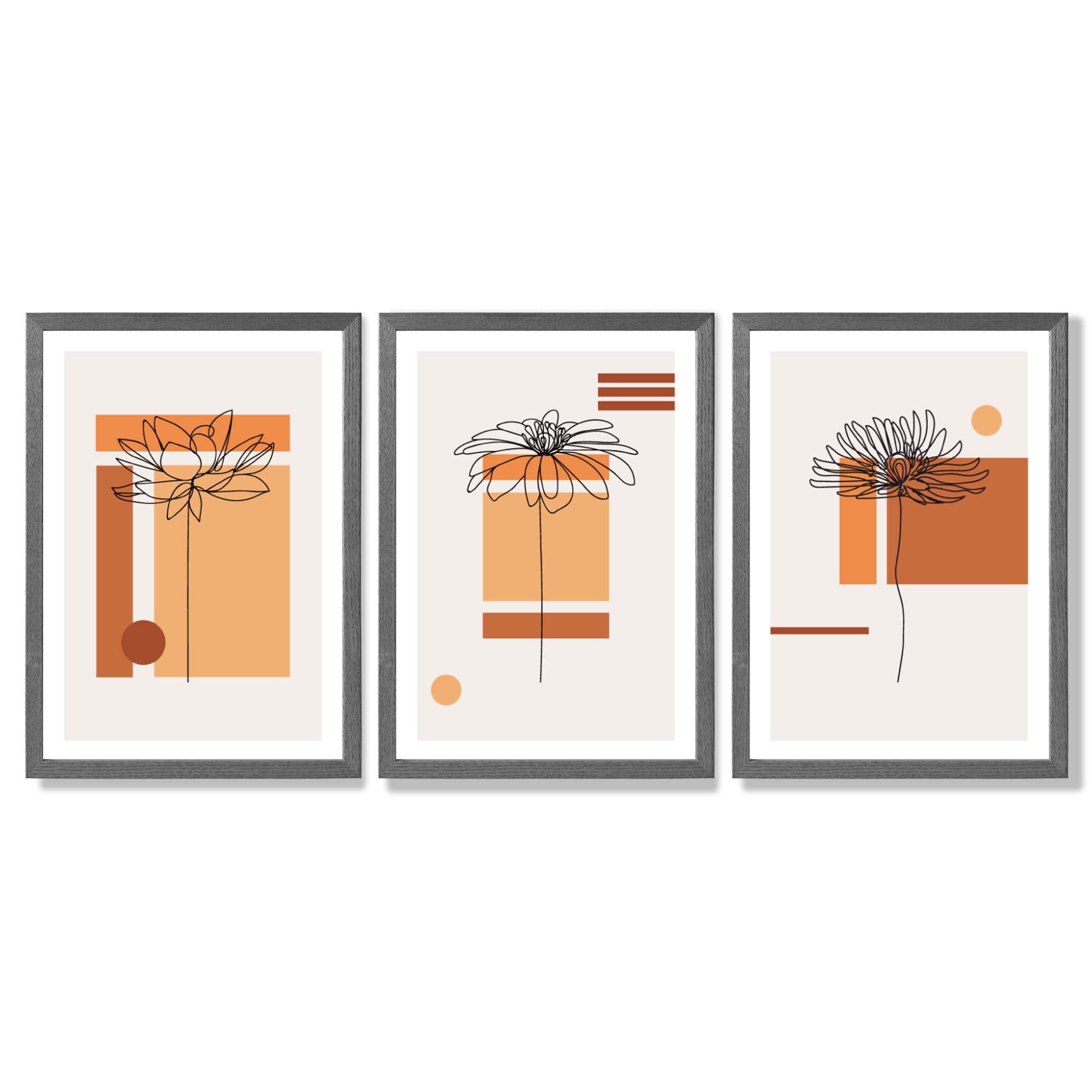 Set of 3 Sketch Flowers with Orange Shades Geometric  Framed Art Prints with Dark Grey Wooden Frames