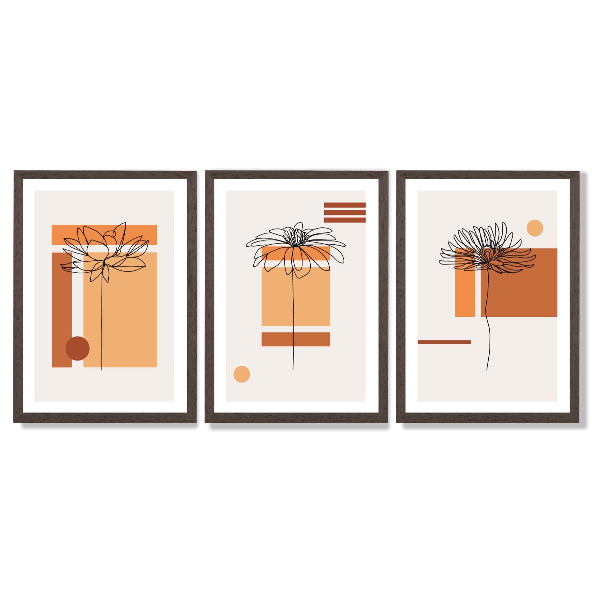 Set of 3 Sketch Flowers with Orange Shades Geometric  Framed Art Prints with Dark Wood Frames