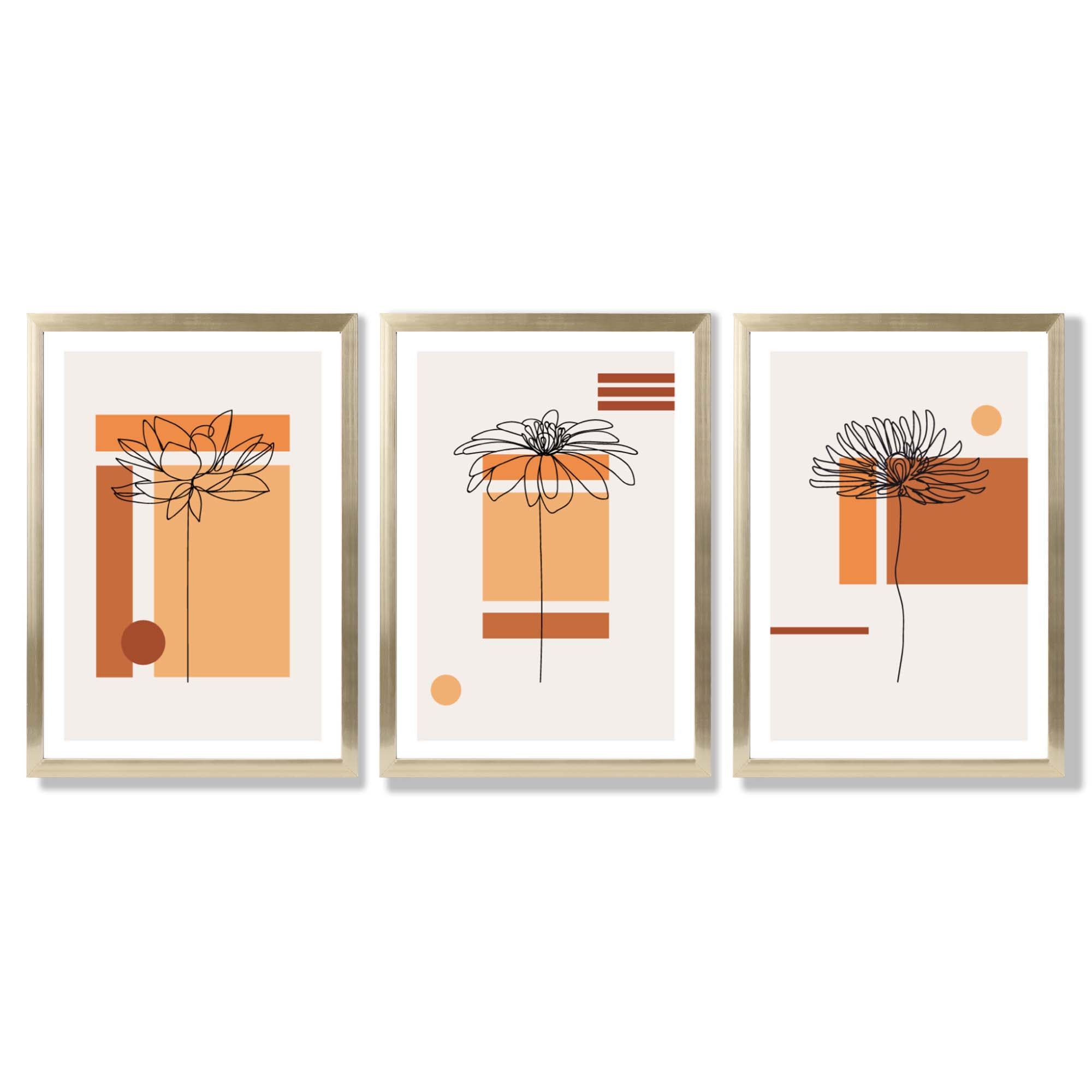Set of 3 Sketch Flowers with Orange Shades Geometric  Framed Art Prints with Gold Wood Frames