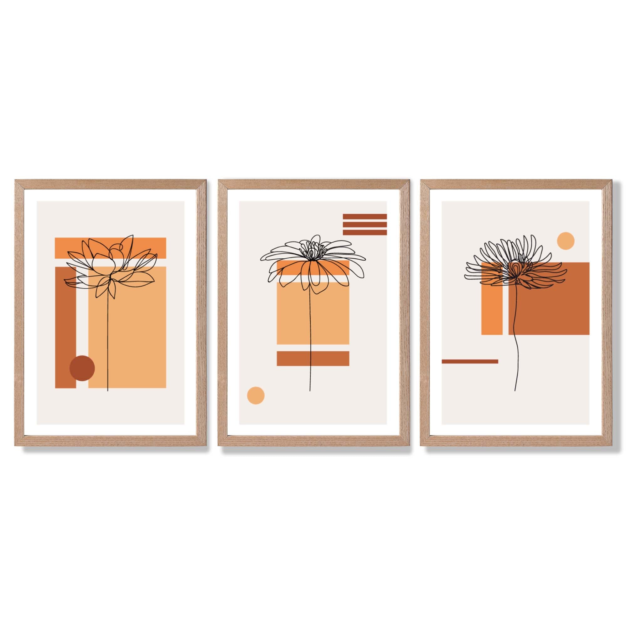 Set of 3 Sketch Flowers with Orange Shades Geometric  Framed Art Prints with Light Oak Frames