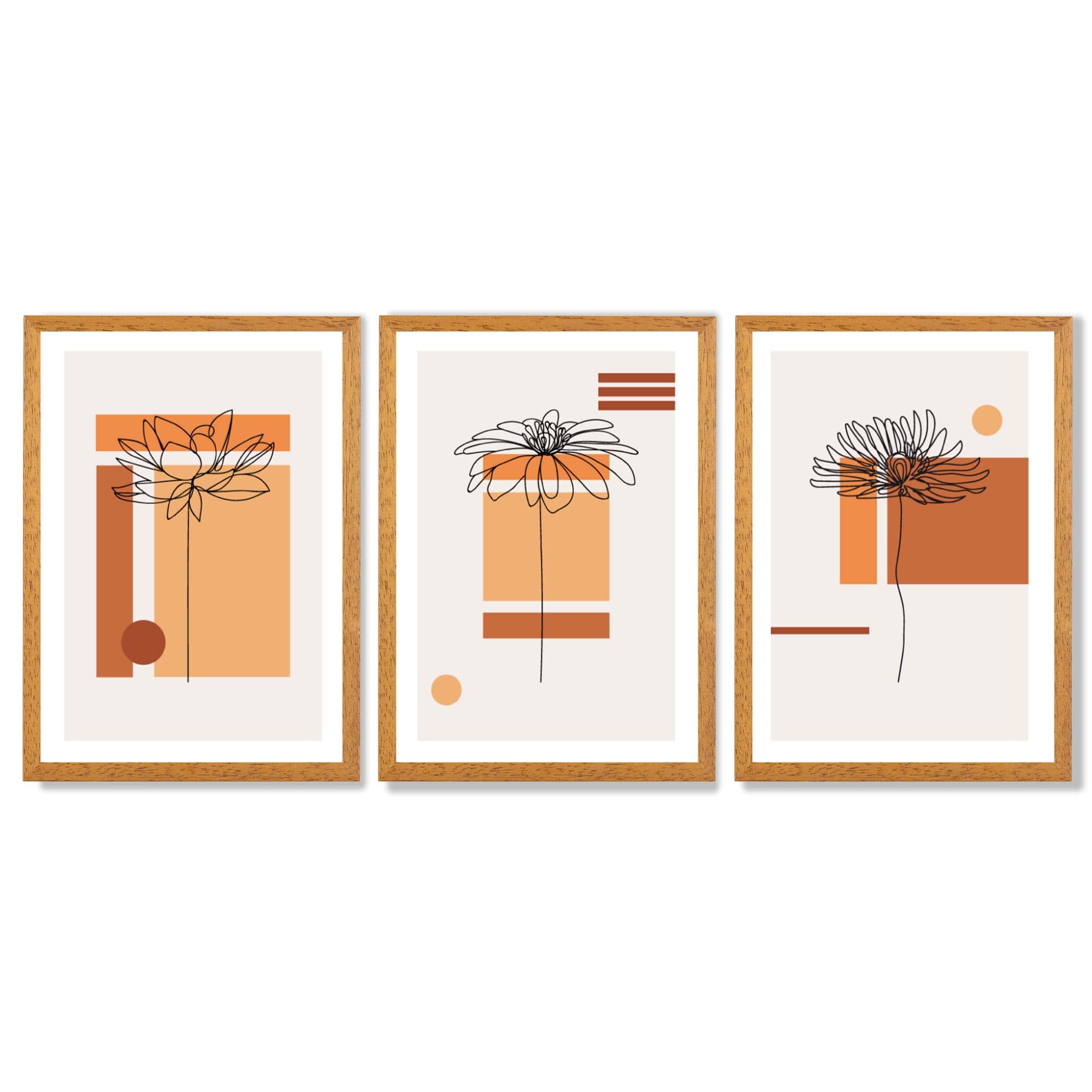 Set of 3 Sketch Flowers with Orange Shades Geometric  Framed Art Prints with Oak Wooden Frames