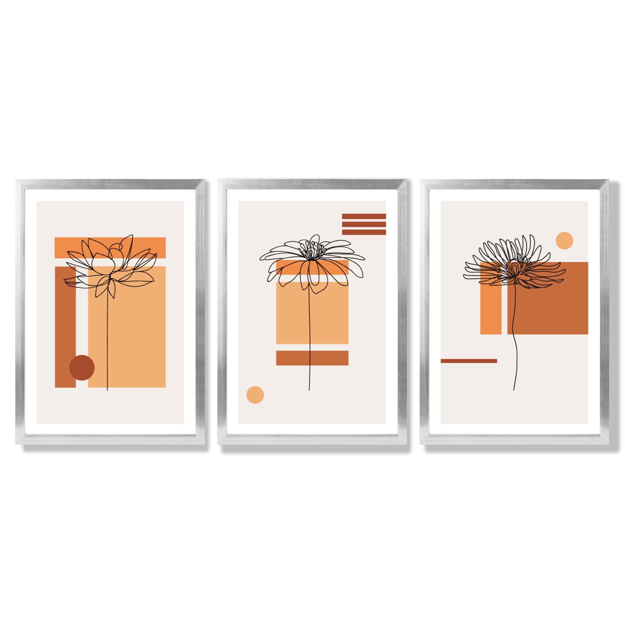 Set of 3 Sketch Flowers with Orange Shades Geometric  Framed Art Prints with Silver Wood Frames