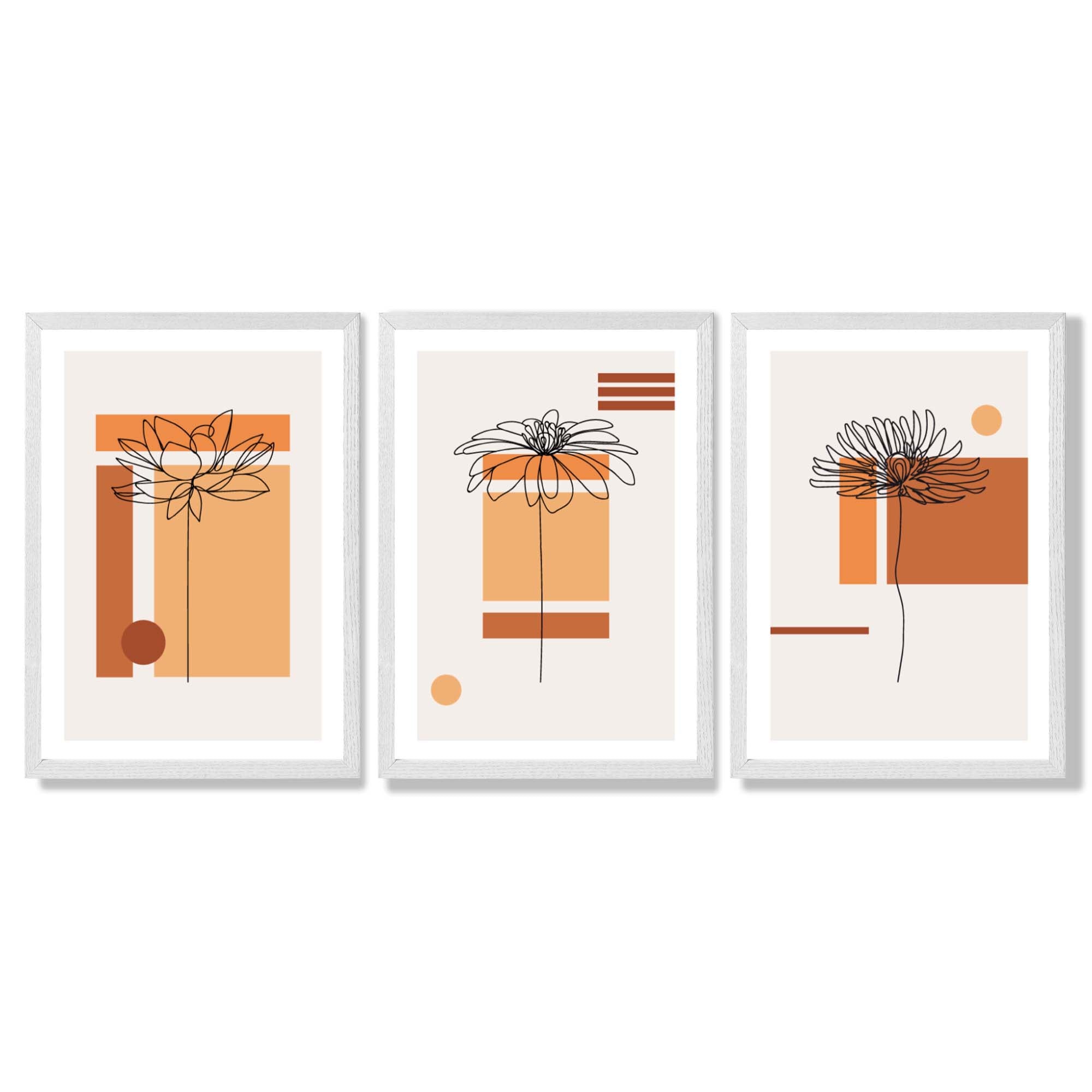 Set of 3 Sketch Flowers with Orange Shades Geometric  Framed Art Prints with White Wooden Frames