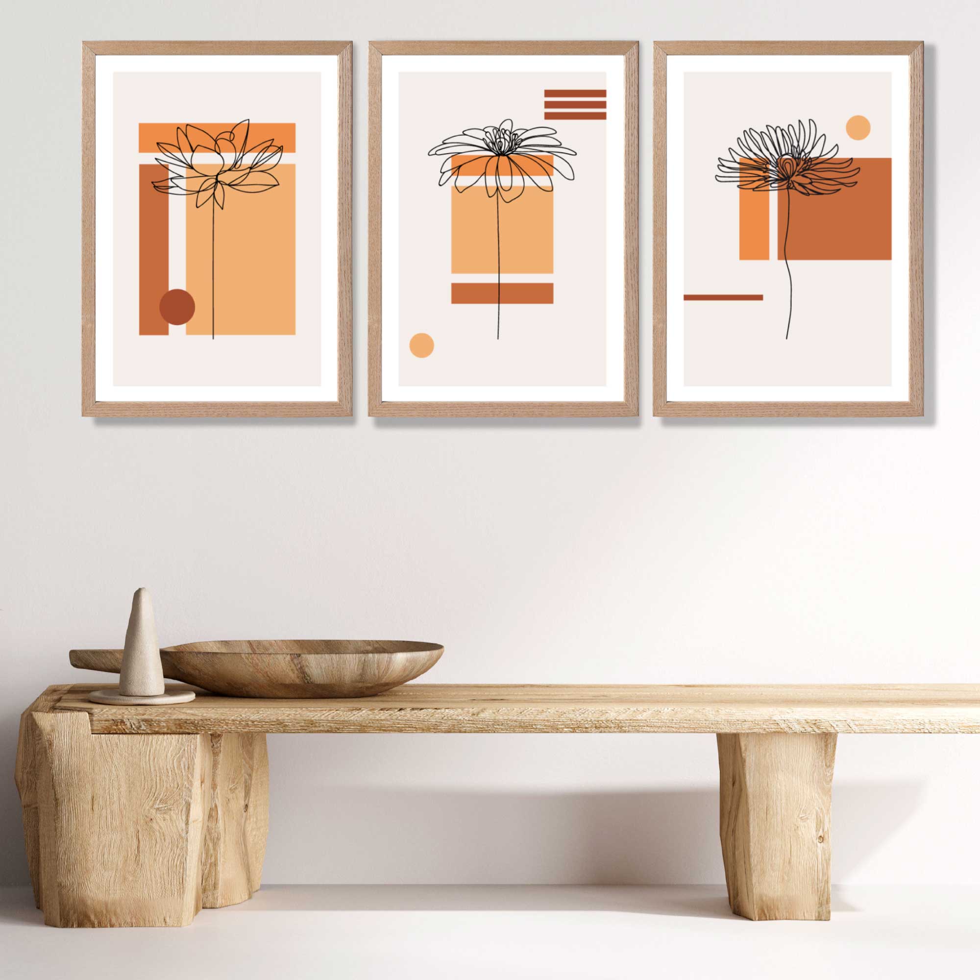 Set of 3 Sketch Flowers with Orange Shades Geometric  Art Prints in Luxury Frames | Artze UK
