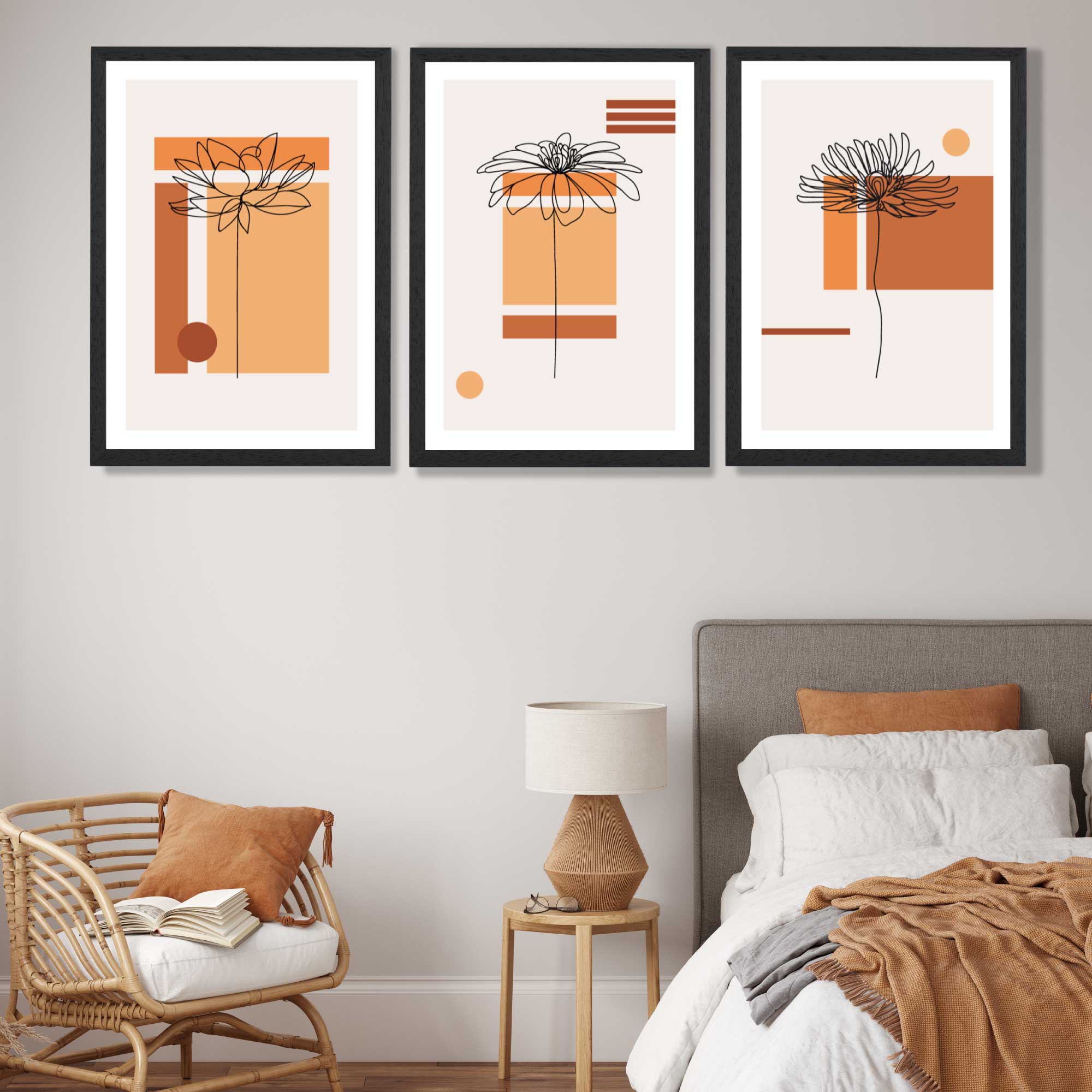 Set of 3 Sketch Flowers with Orange Shades Geometric  Art Prints in Black Frames | Artze UK