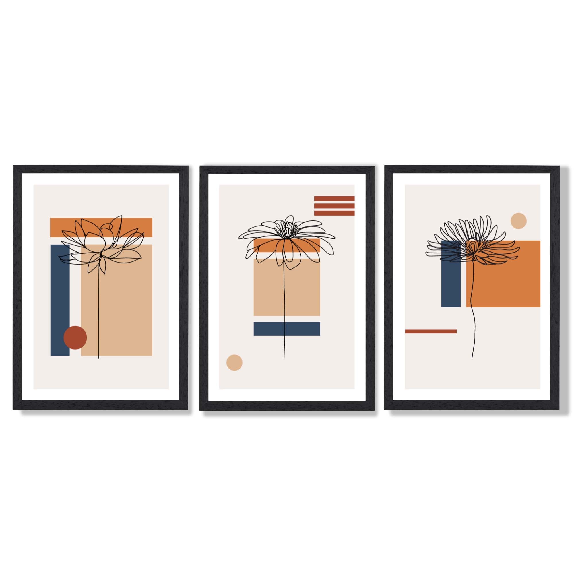 Set of 3 Sketch Flowers with Navy and Orange Geometric  Framed Art Prints with Black Wooden Frames