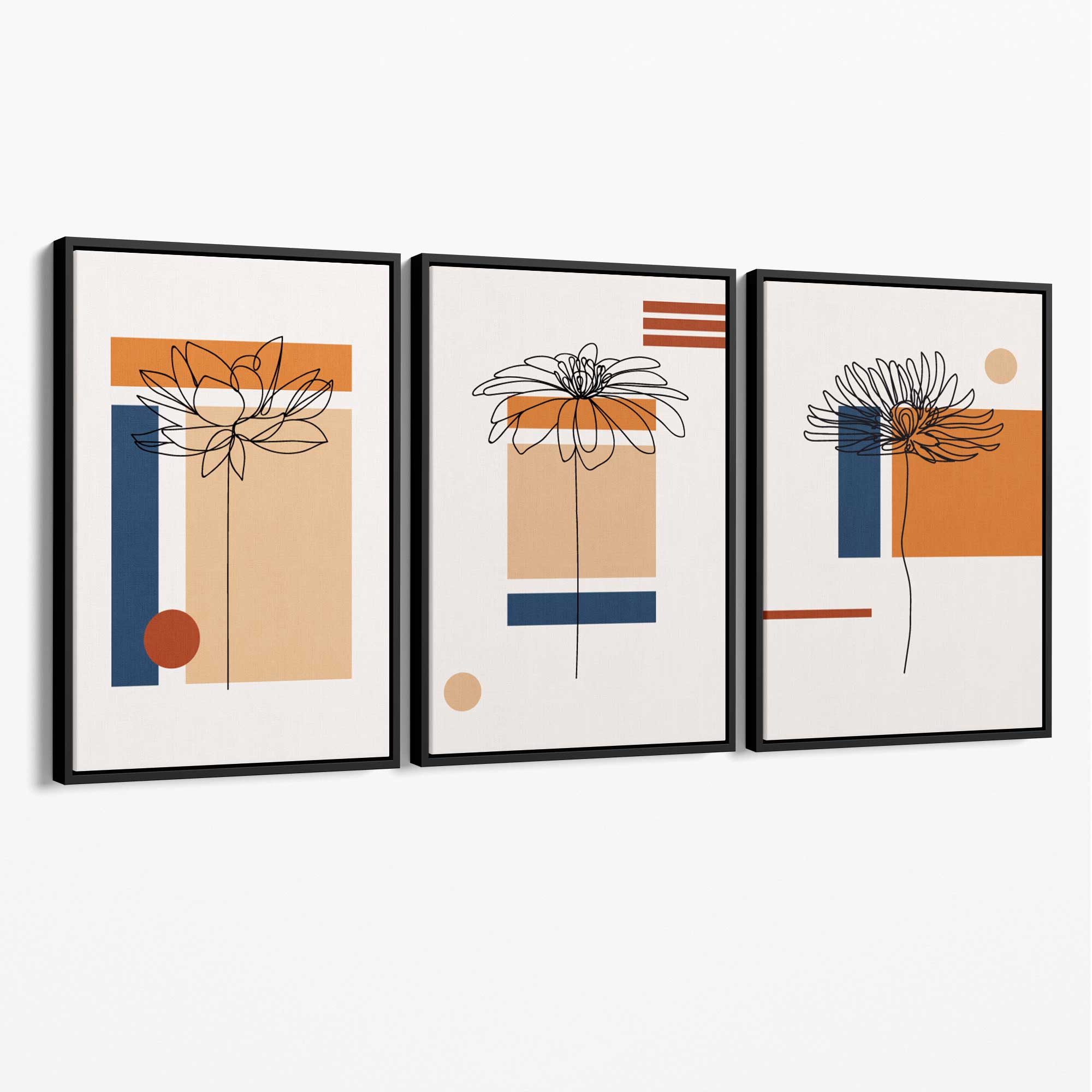 Set of 3 Sketch Flowers with Navy and Orange Geometric  Canvas Art Prints with Black Float Frame
