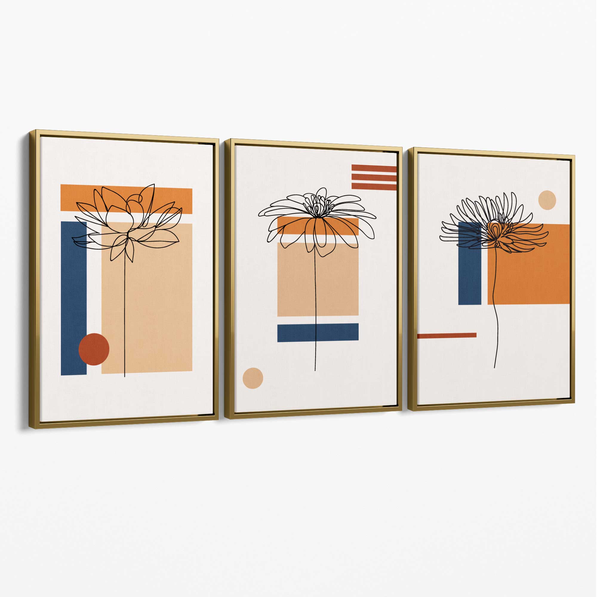 Set of 3 Sketch Flowers with Navy and Orange Geometric  Canvas Art Prints with Gold Float Frame