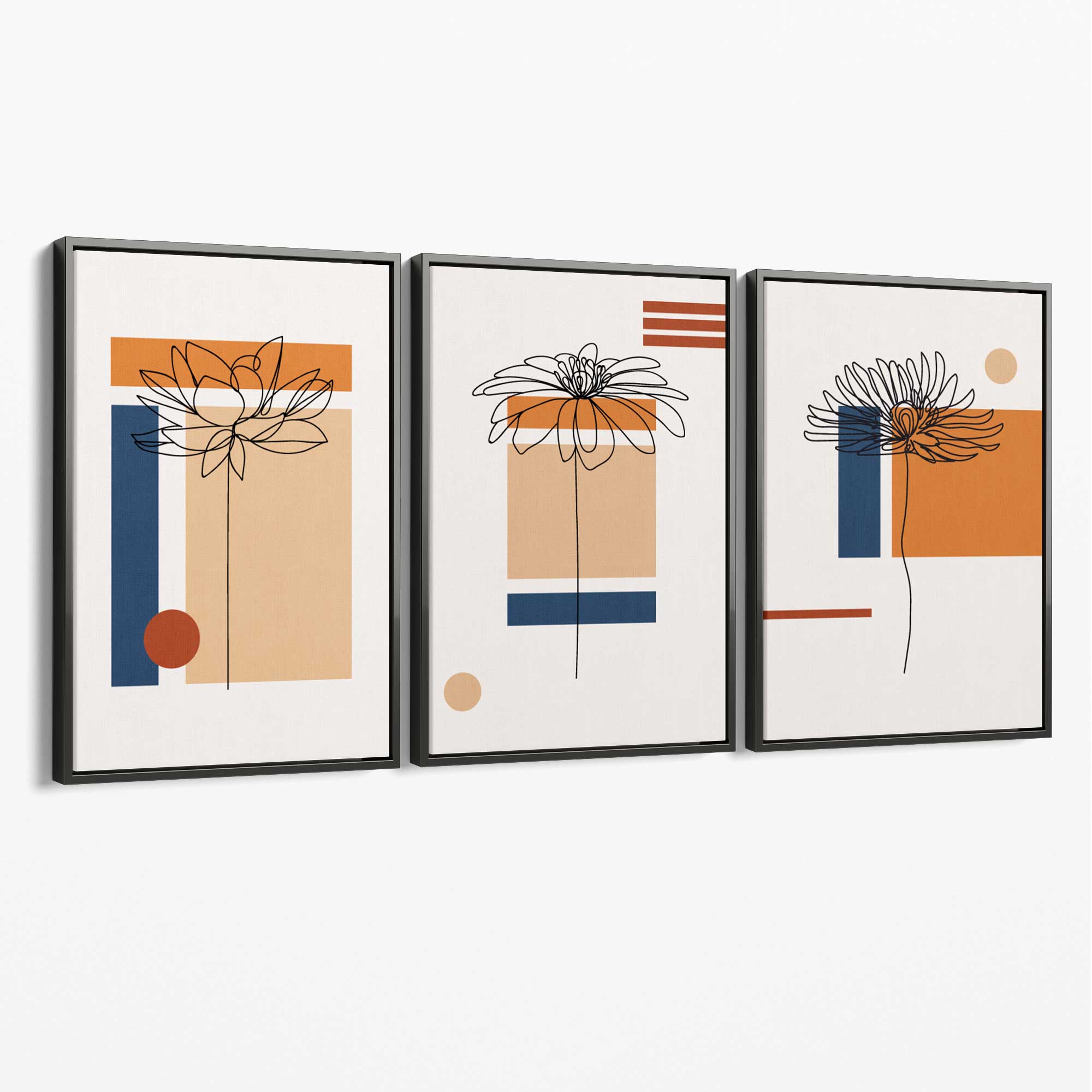 Set of 3 Sketch Flowers with Navy and Orange Geometric  Canvas Art Prints with Grey Float Frame