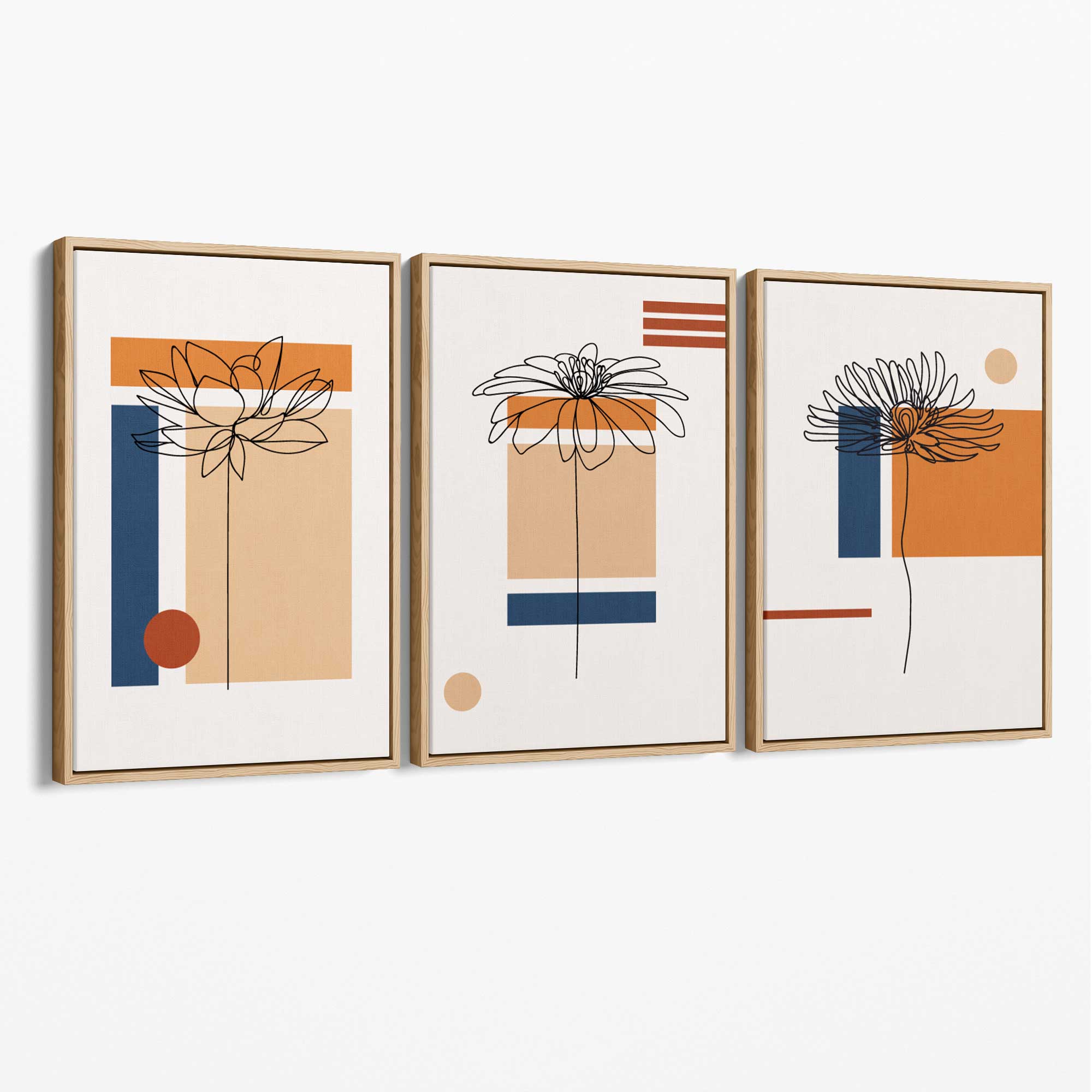Set of 3 Sketch Flowers with Navy and Orange Geometric  Canvas Art Prints with Oak Float Frame