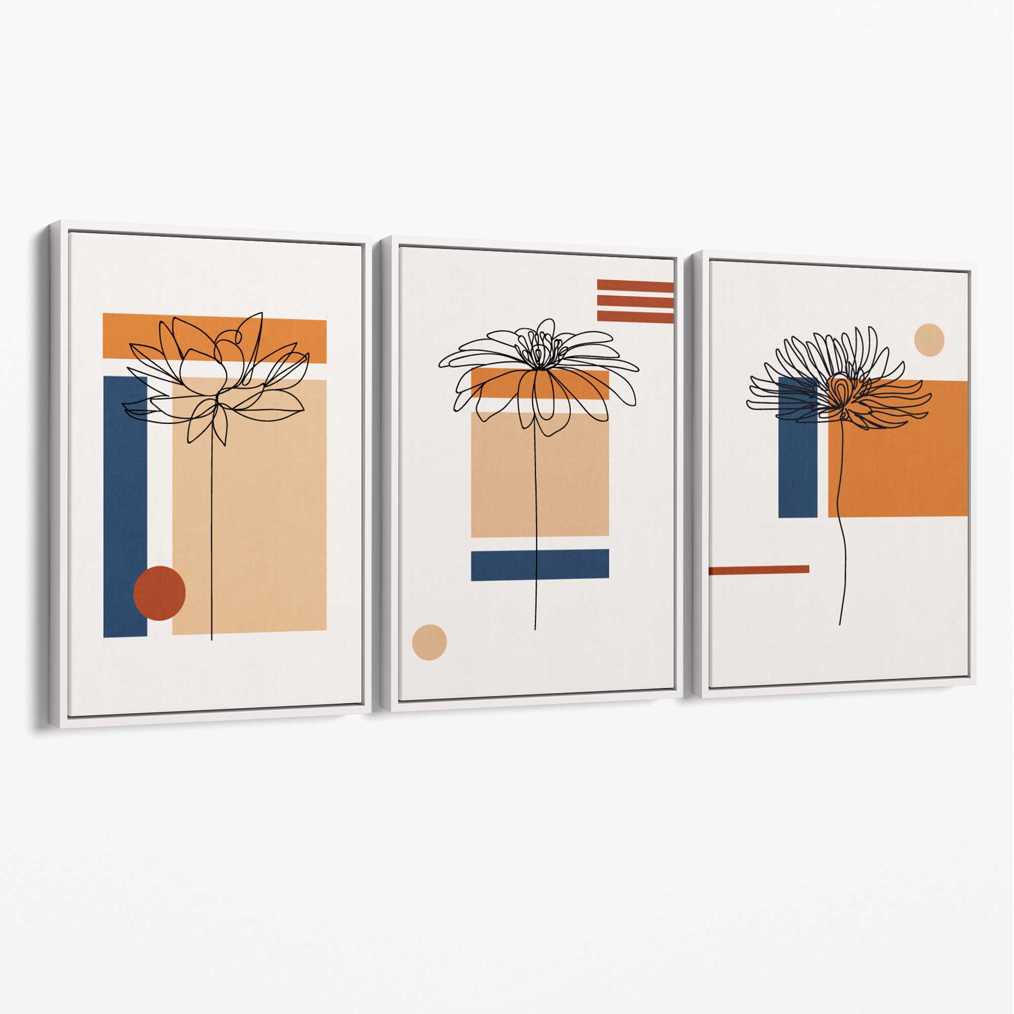 Set of 3 Sketch Flowers with Navy and Orange Geometric  Canvas Art Prints with White Float Frame