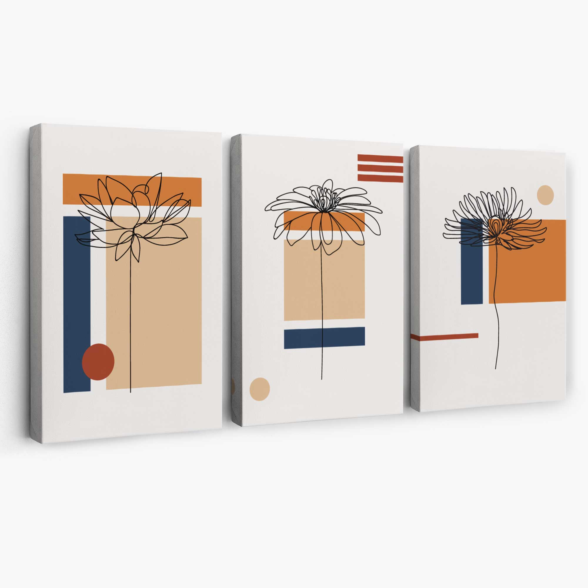 Set of 3 Sketch Flowers with Navy and Orange Geometric  Canvas Art Prints | Artze Wall Art