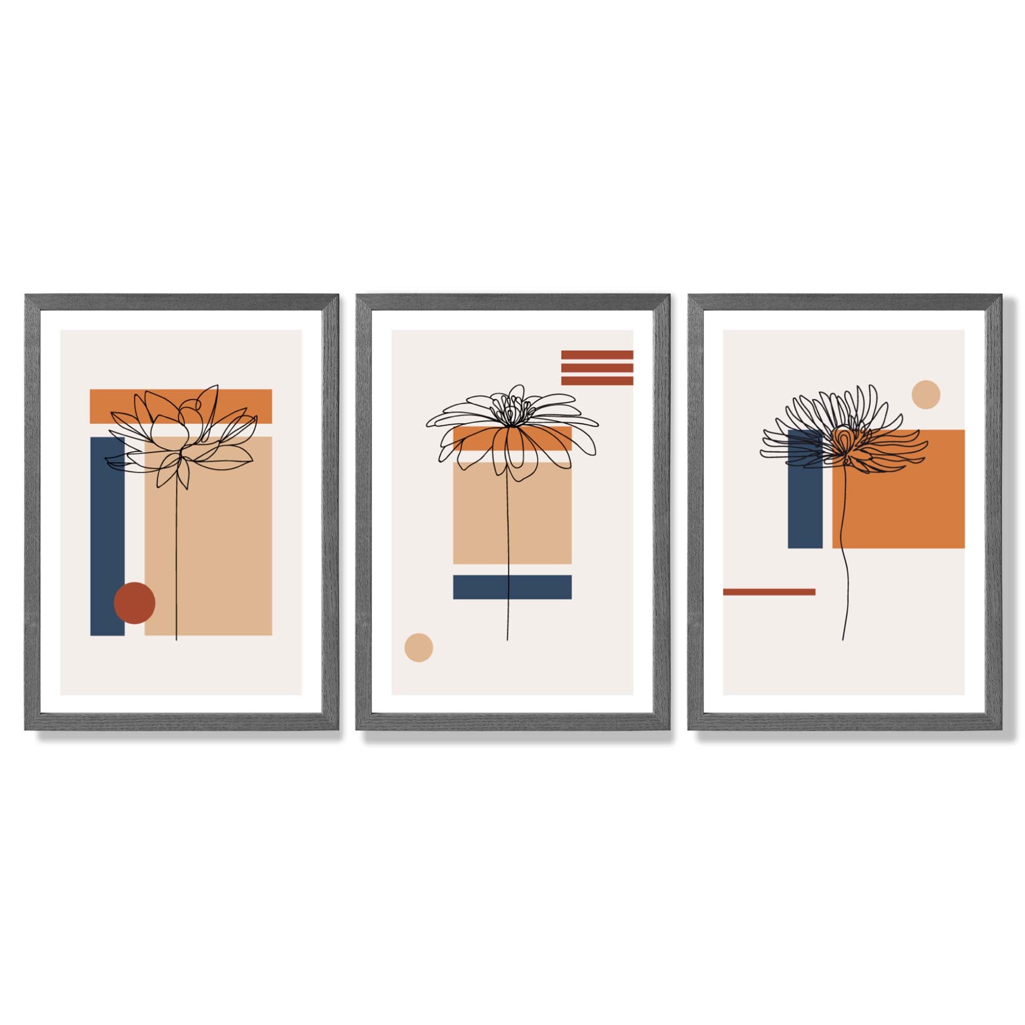 Set of 3 Sketch Flowers with Navy and Orange Geometric  Framed Art Prints with Dark Grey Wooden Frames