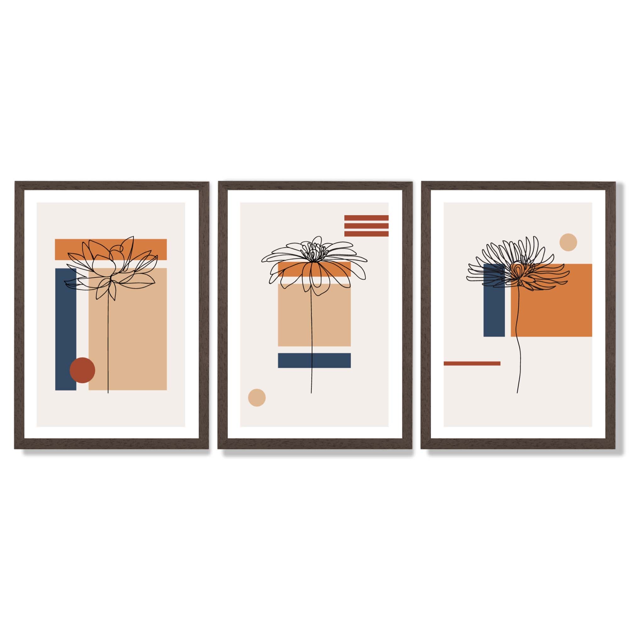 Set of 3 Sketch Flowers with Navy and Orange Geometric  Framed Art Prints with Dark Wood Frames