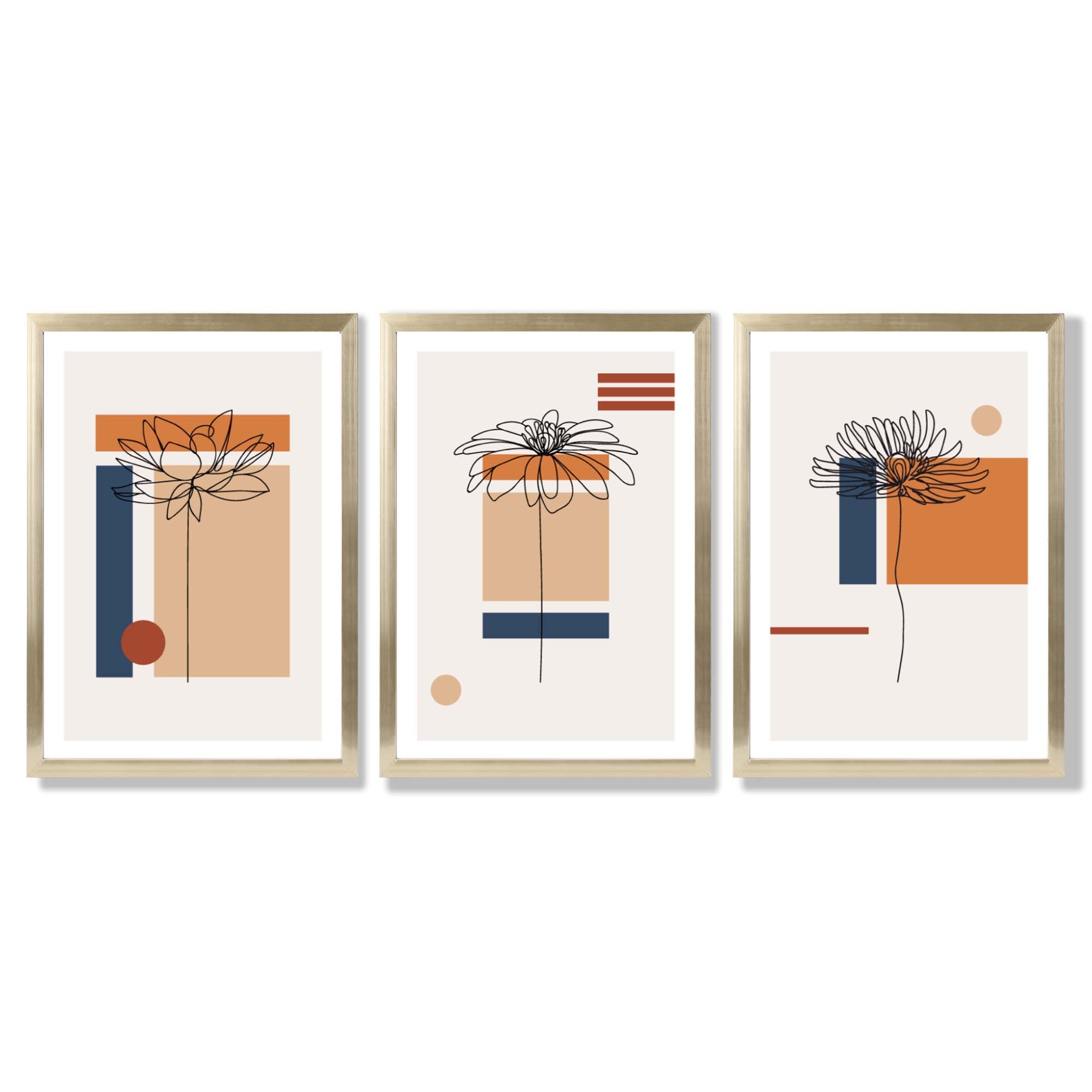 Set of 3 Sketch Flowers with Navy and Orange Geometric  Framed Art Prints with Gold Wood Frames