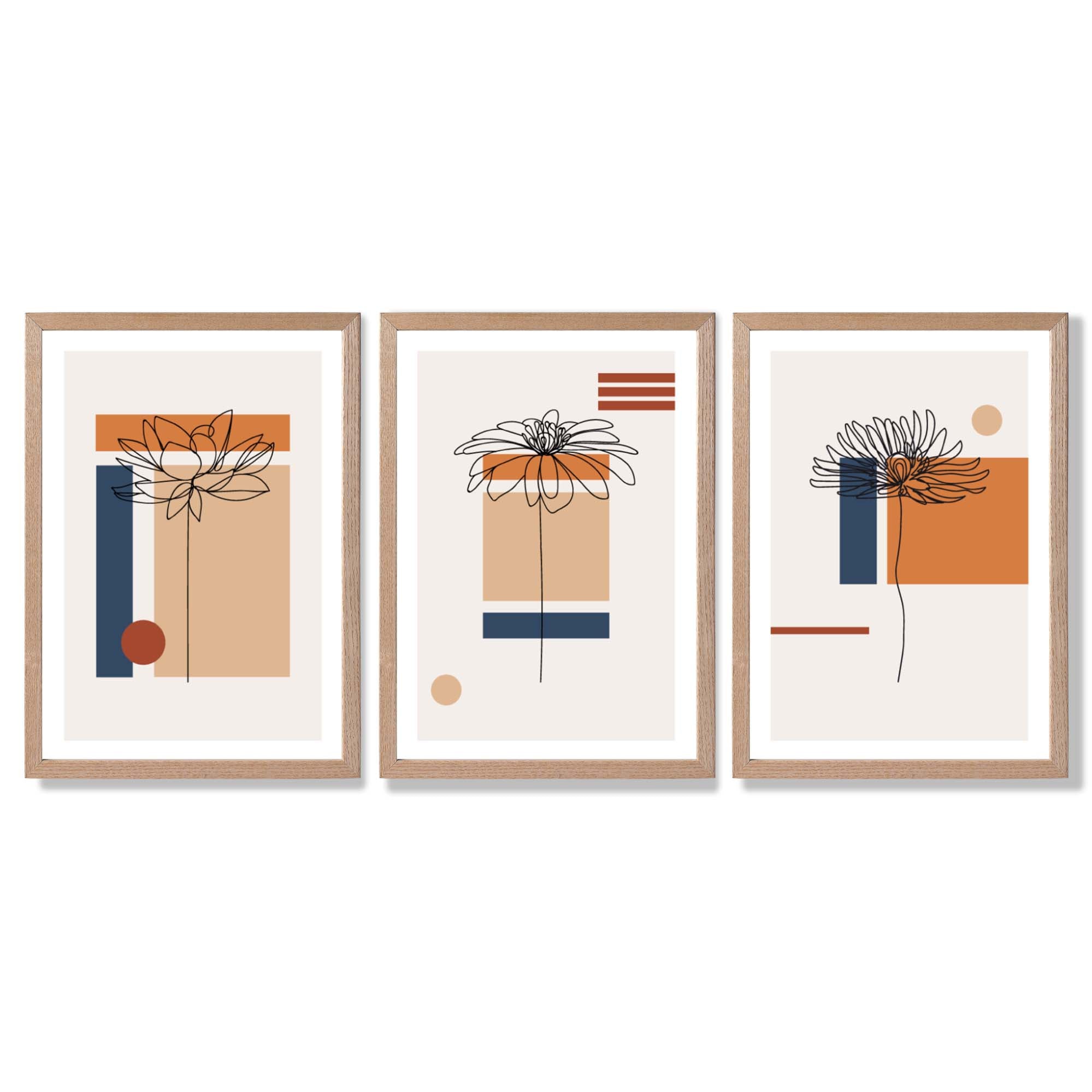 Set of 3 Sketch Flowers with Navy and Orange Geometric  Framed Art Prints with Light Oak Frames