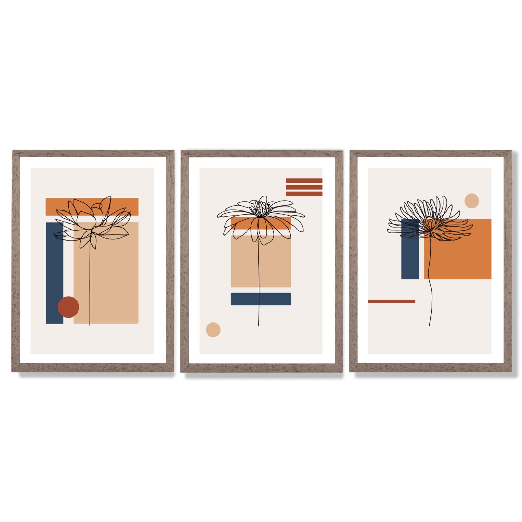 Set of 3 Sketch Flowers with Navy and Orange Geometric  Framed Art Prints with Light Walnut Frames