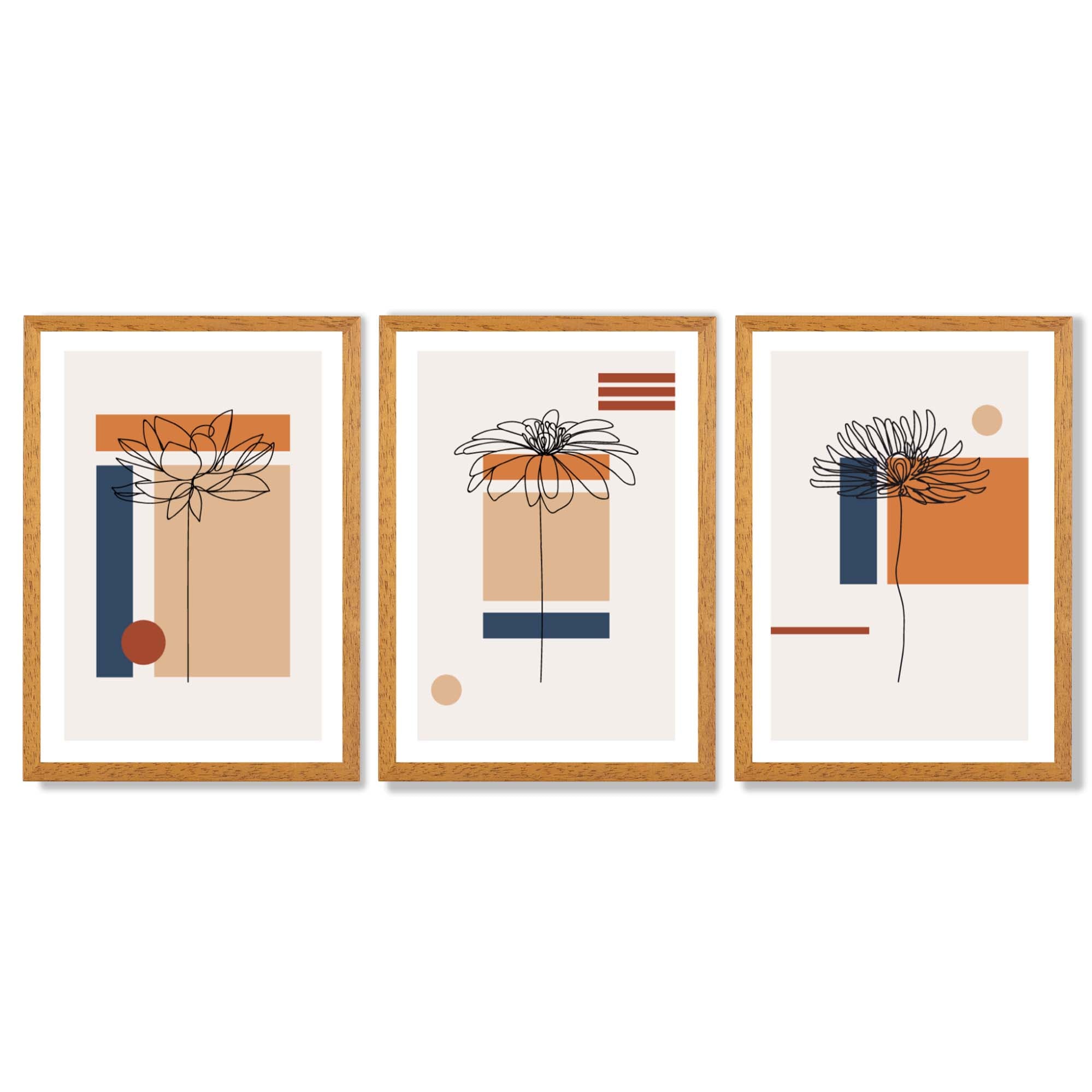 Set of 3 Sketch Flowers with Navy and Orange Geometric  Framed Art Prints with Oak Wooden Frames
