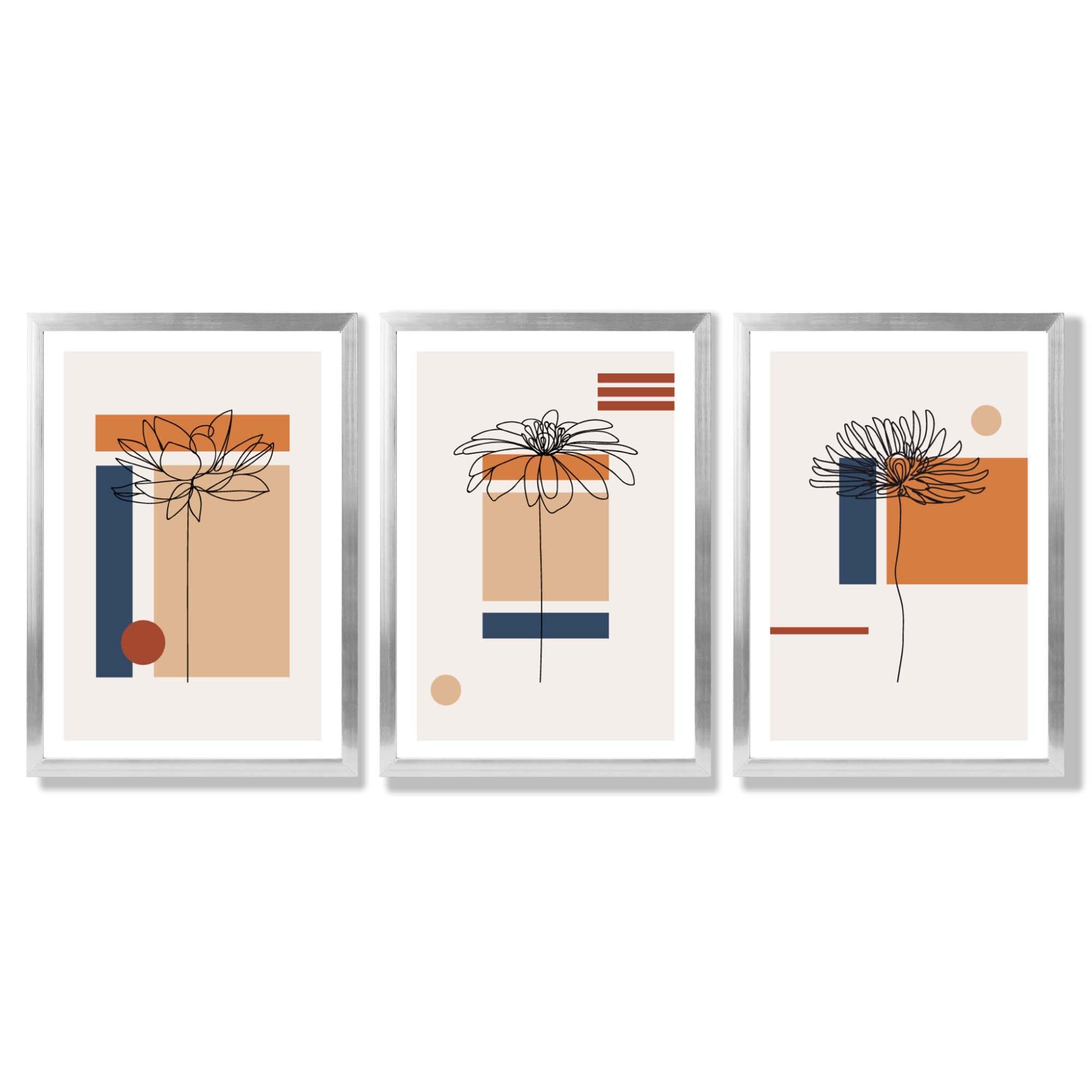 Set of 3 Sketch Flowers with Navy and Orange Geometric  Framed Art Prints with Silver Wood Frames