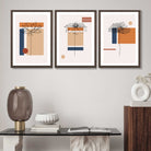 Set of 3 Sketch Flowers with Navy and Orange Geometric  Art Prints in Luxury Frames | Artze UK