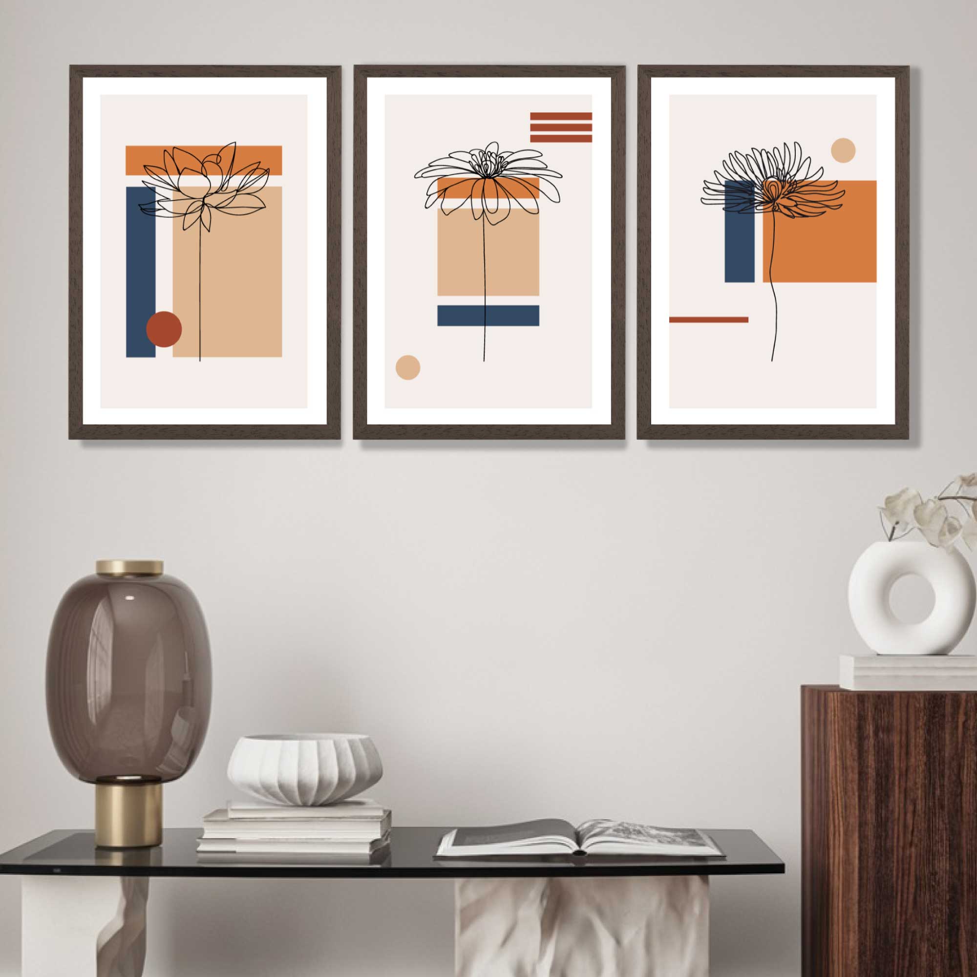 Set of 3 Sketch Flowers with Navy and Orange Geometric  Art Prints in Luxury Frames | Artze UK