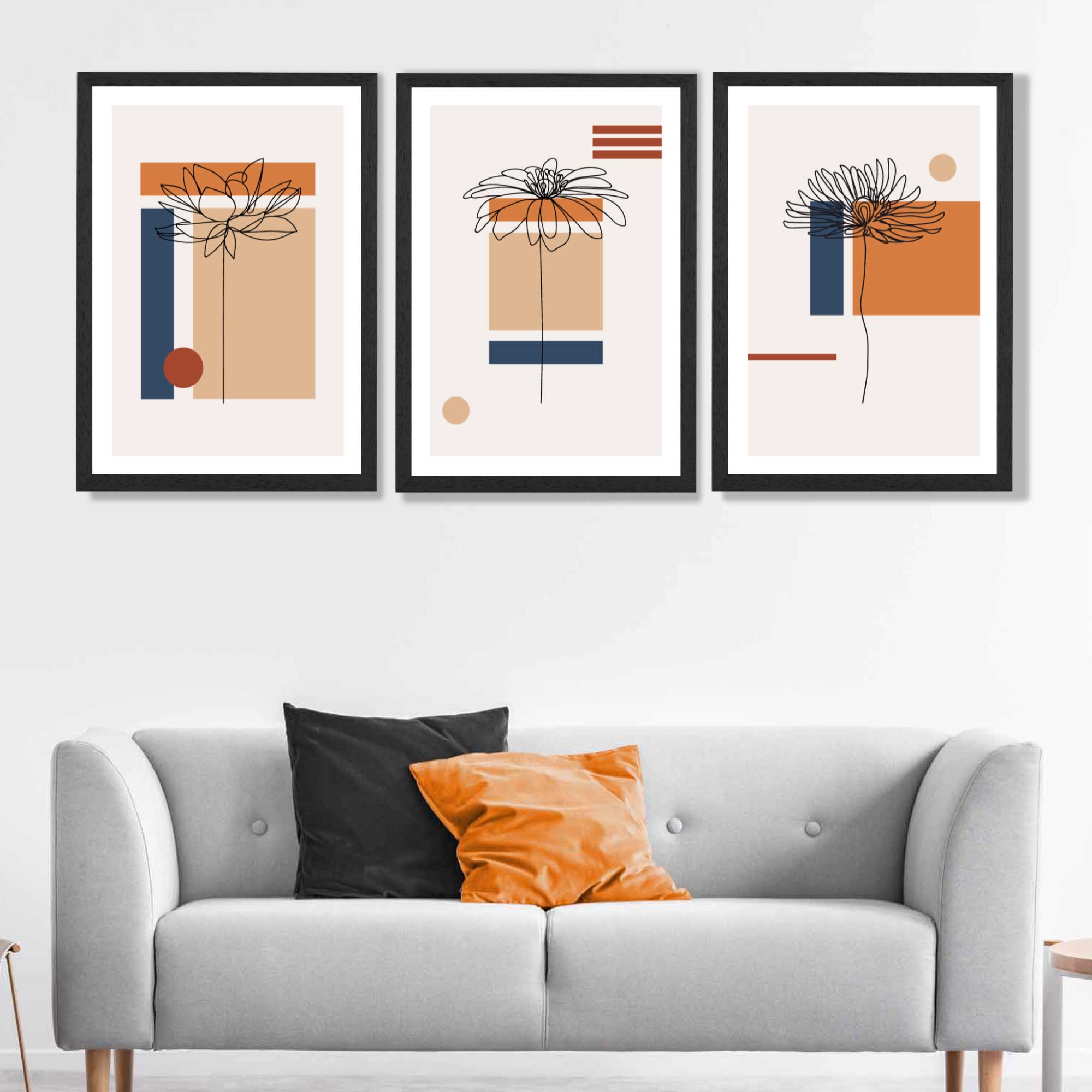 Set of 3 Sketch Flowers with Navy and Orange Geometric  Art Prints in Black Frames | Artze UK