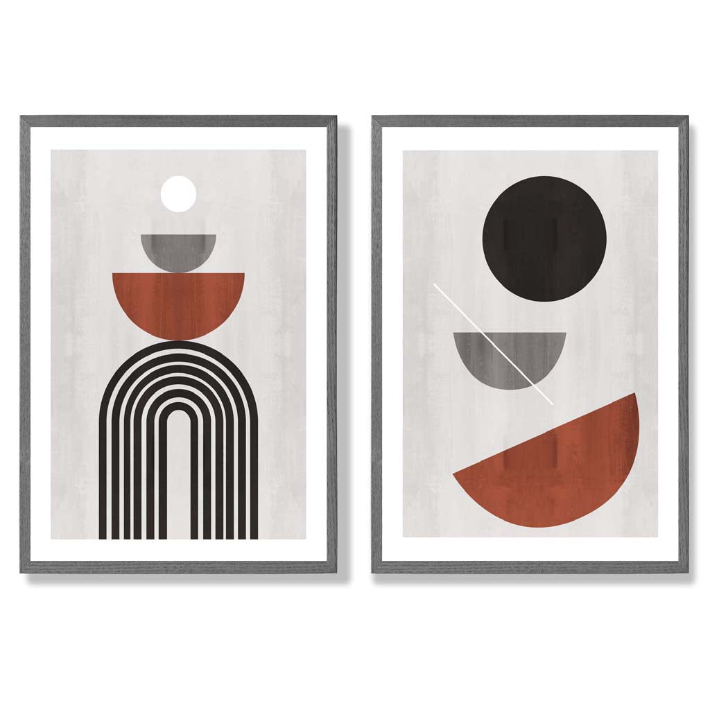 Modern Arches Grey and Orange Set of 2 Art Prints with Dark Grey Frame