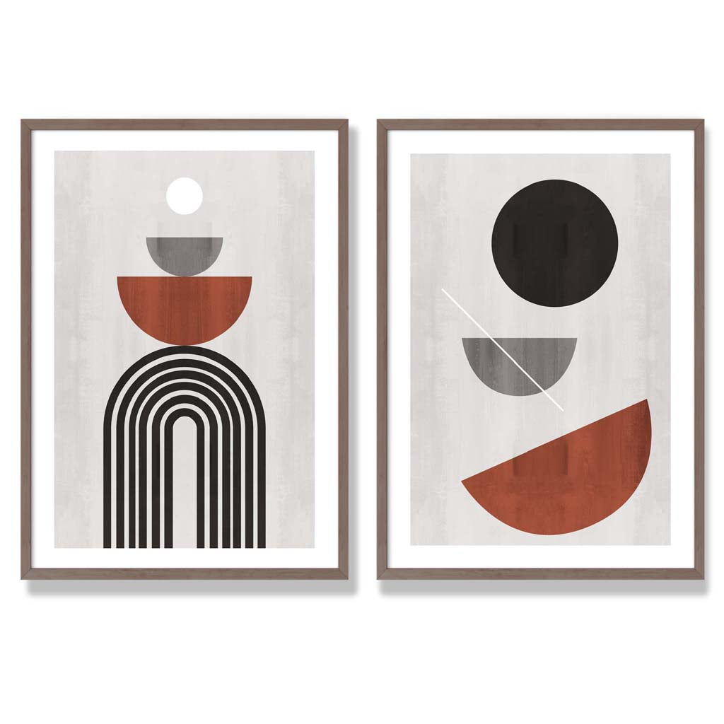 Modern Arches Grey and Orange Set of 2 Art Prints with Walnut Frame