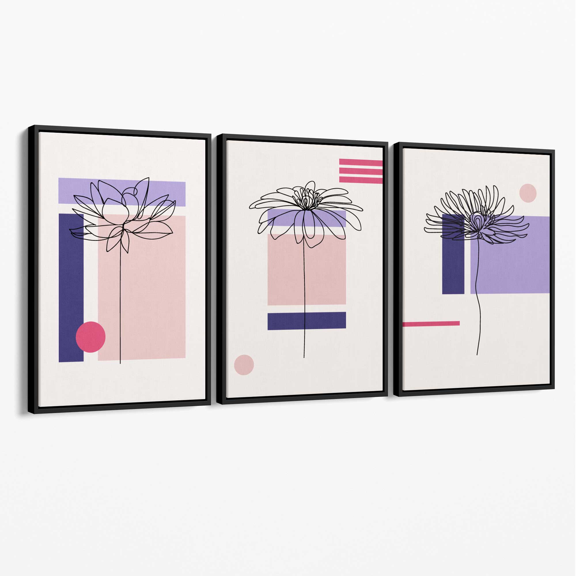 Set of 3 Sketch Flowers with Pink and Purple Geometric  Canvas Art Prints with Black Float Frame