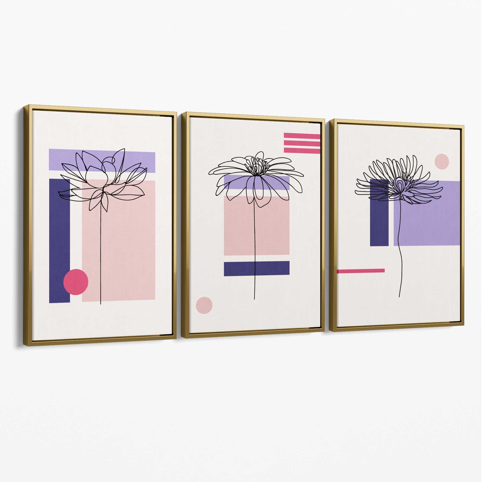 Set of 3 Sketch Flowers with Pink and Purple Geometric  Canvas Art Prints with Gold Float Frame