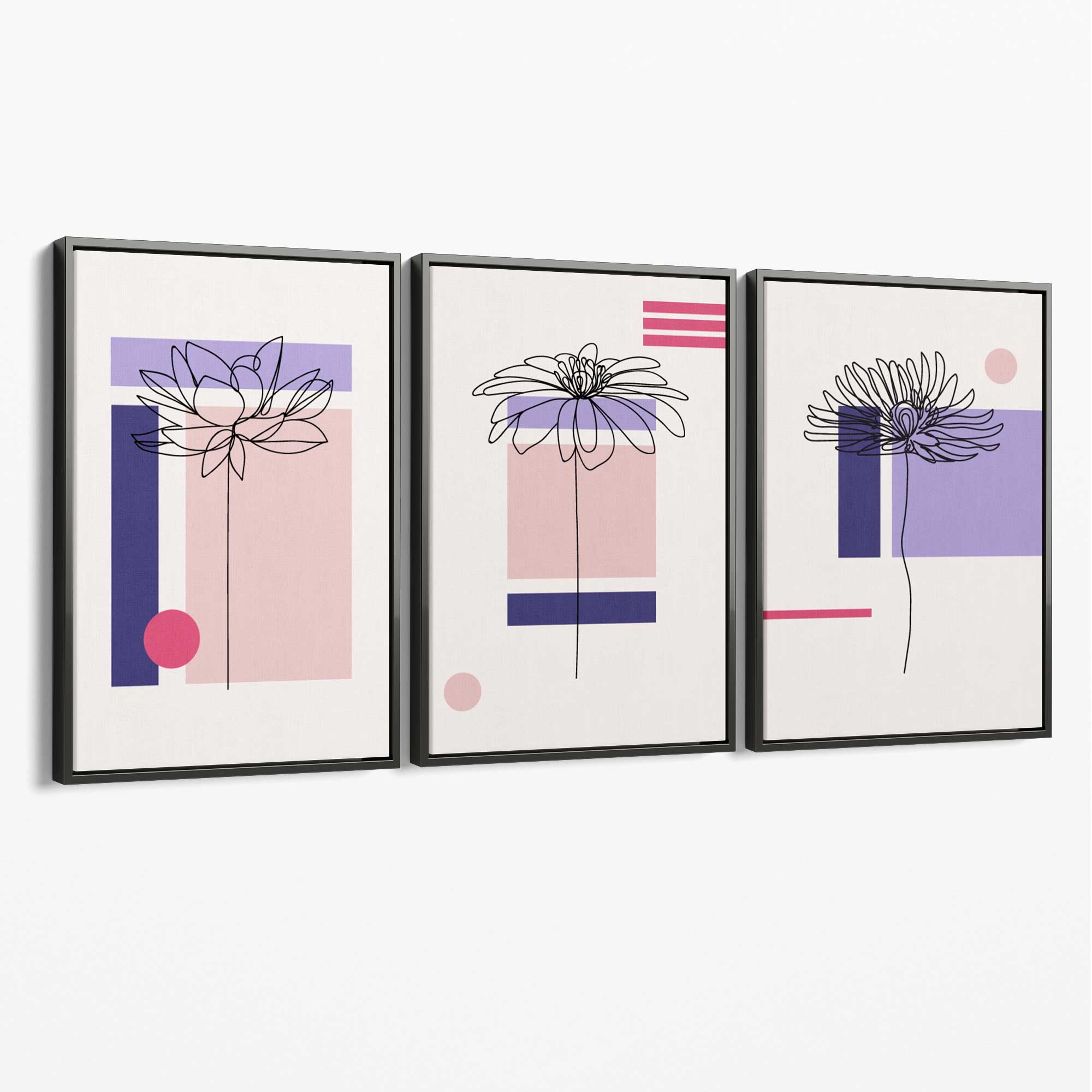 Set of 3 Sketch Flowers with Pink and Purple Geometric  Canvas Art Prints with Grey Float Frame