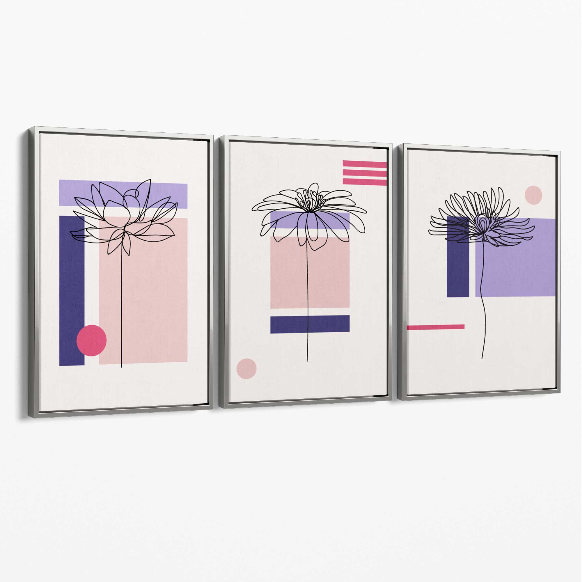 Set of 3 Sketch Flowers with Pink and Purple Geometric  Canvas Art Prints with Silver Float Frame