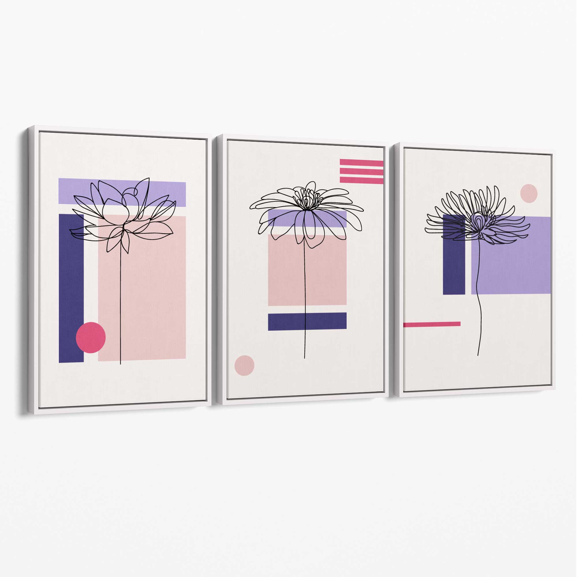 Set of 3 Sketch Flowers with Pink and Purple Geometric  Canvas Art Prints with White Float Frame