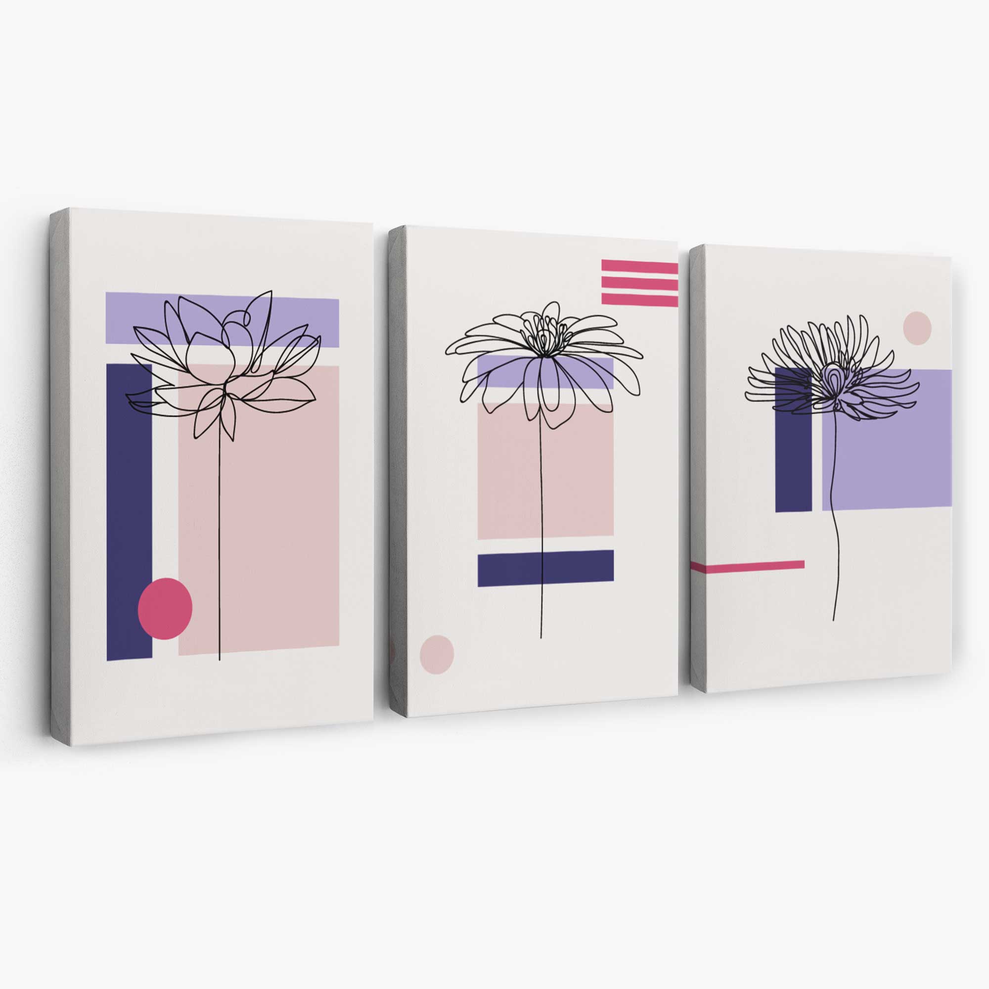 Set of 3 Sketch Flowers with Pink and Purple Geometric  Canvas Art Prints | Artze Wall Art