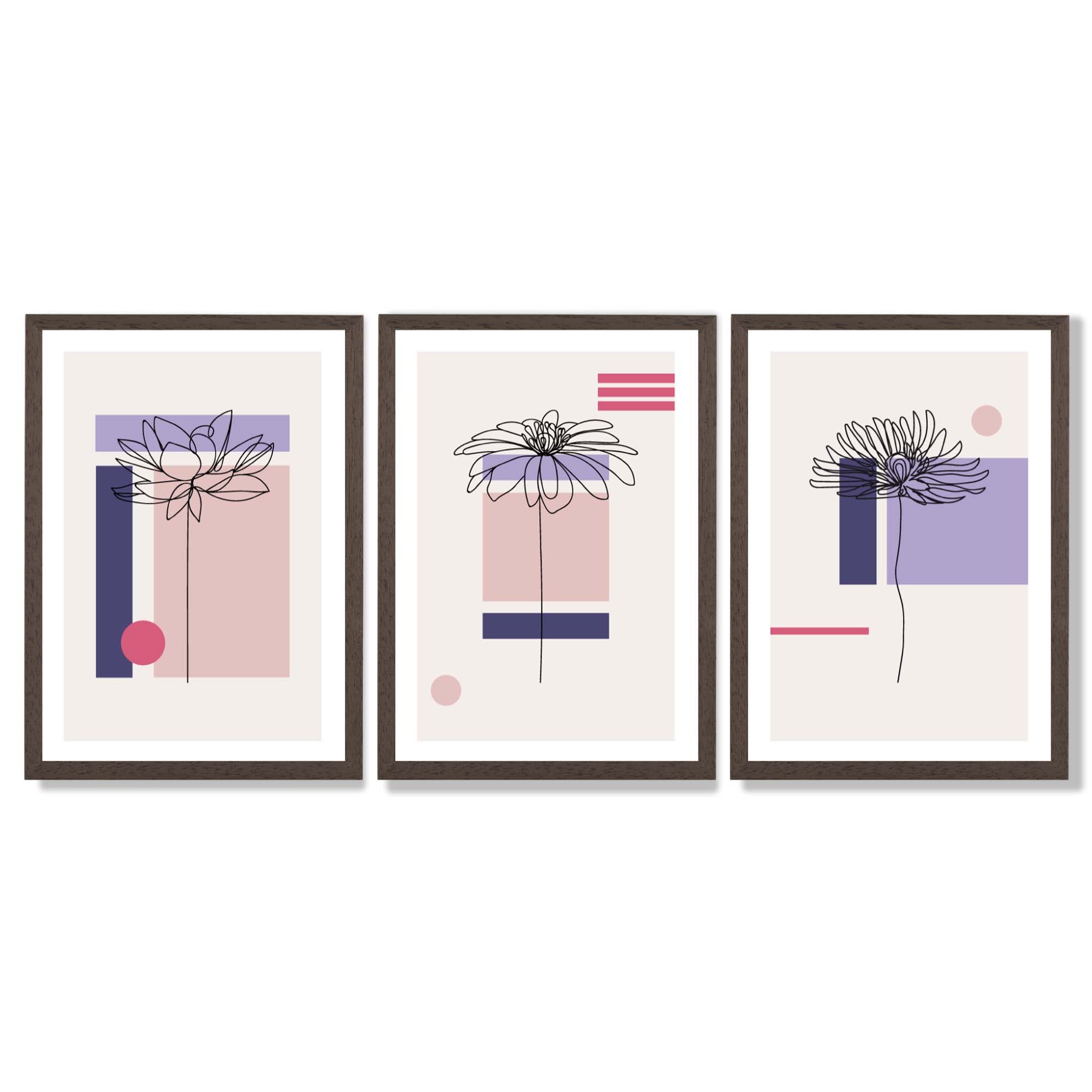Set of 3 Sketch Flowers with Pink and Purple Geometric  Framed Art Prints with Dark Wood Frames