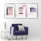 Set of 3 Sketch Flowers with Pink and Purple Geometric  Art Prints in Luxury Frames | Artze UK