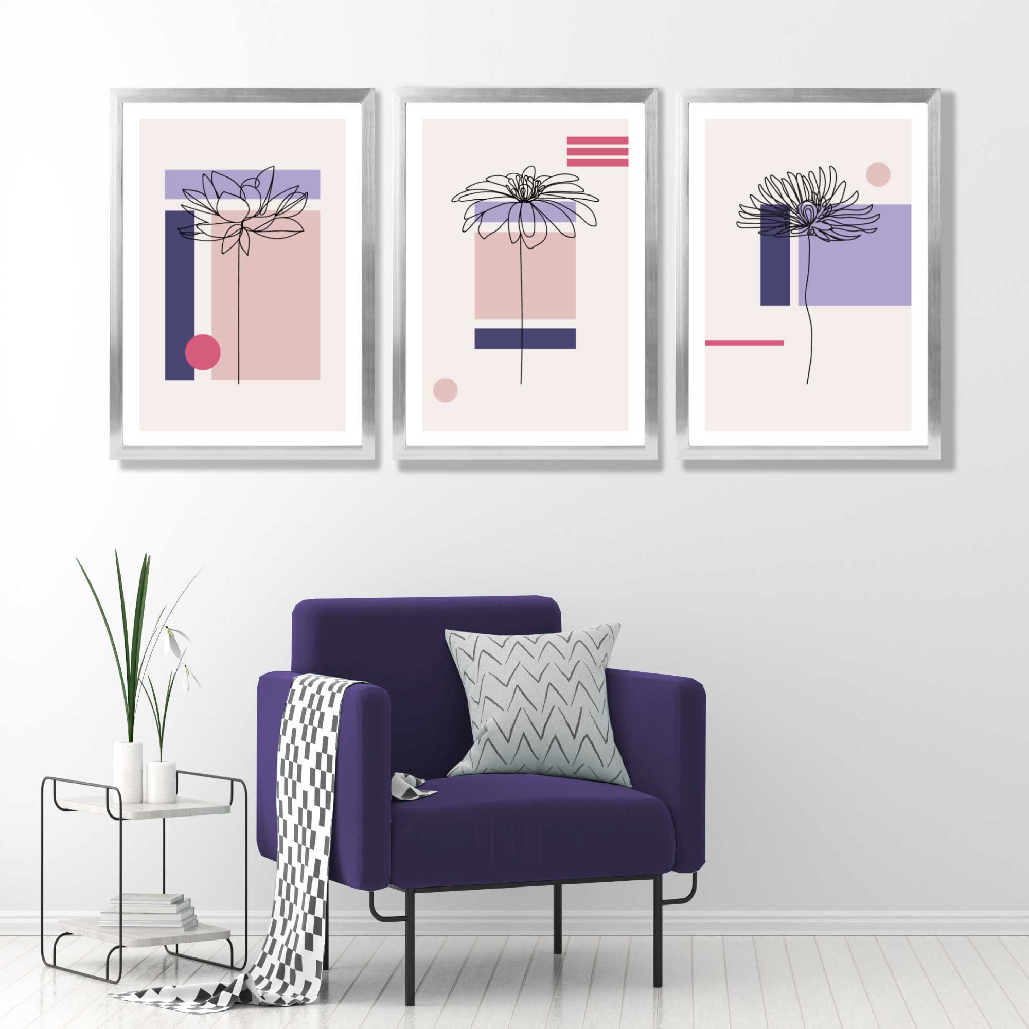 Set of 3 Sketch Flowers with Pink and Purple Geometric  Art Prints in Luxury Frames | Artze UK