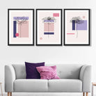 Set of 3 Sketch Flowers with Pink and Purple Geometric  Art Prints in Black Frames | Artze UK