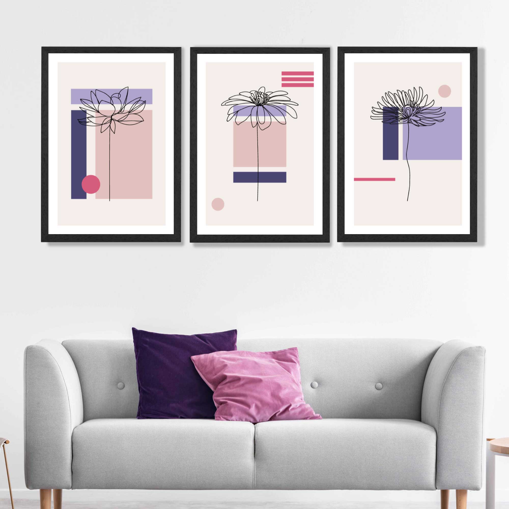 Set of 3 Sketch Flowers with Pink and Purple Geometric  Art Prints in Black Frames | Artze UK