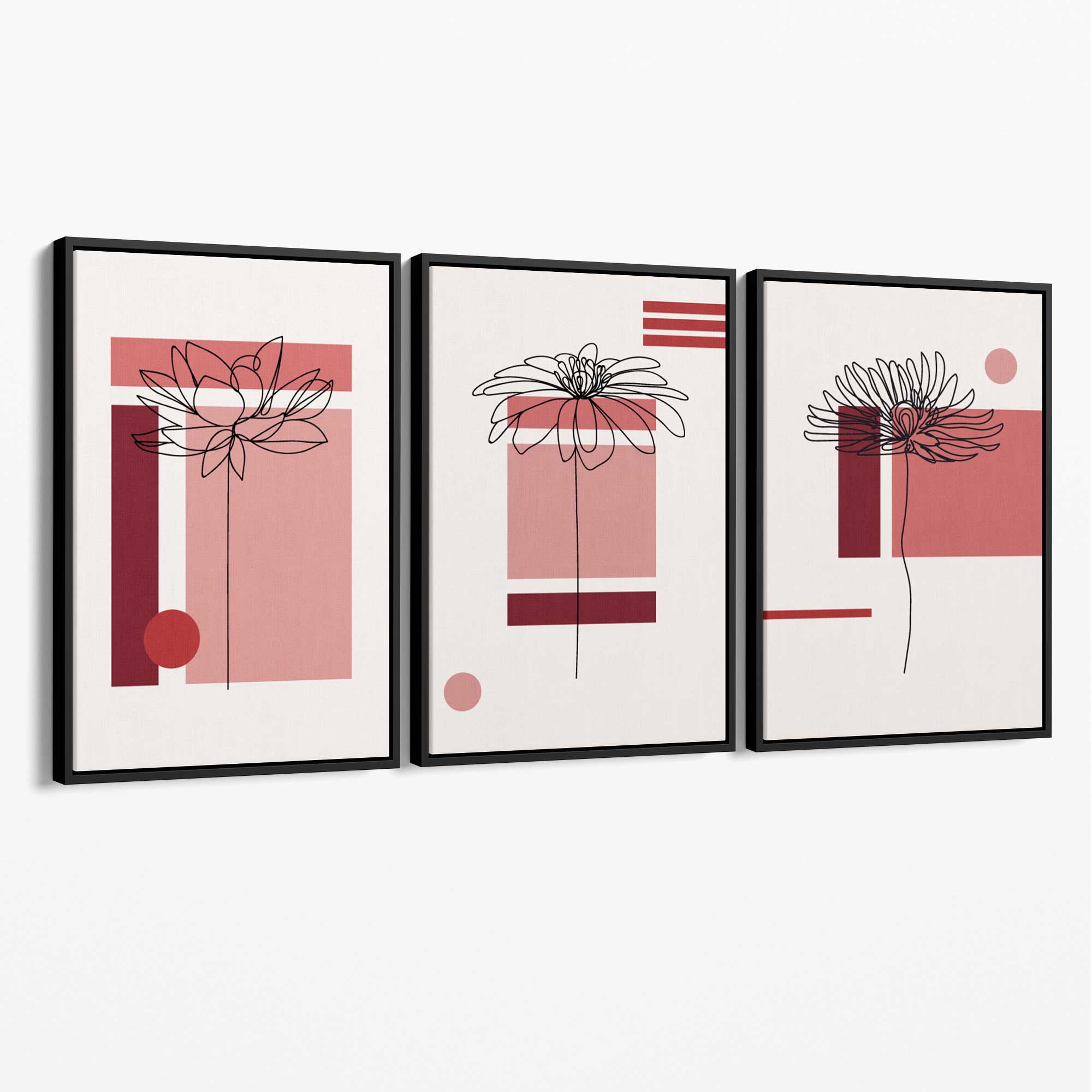Set of 3 Sketch Flowers with Red Shades Geometric  Canvas Art Prints with Black Float Frame